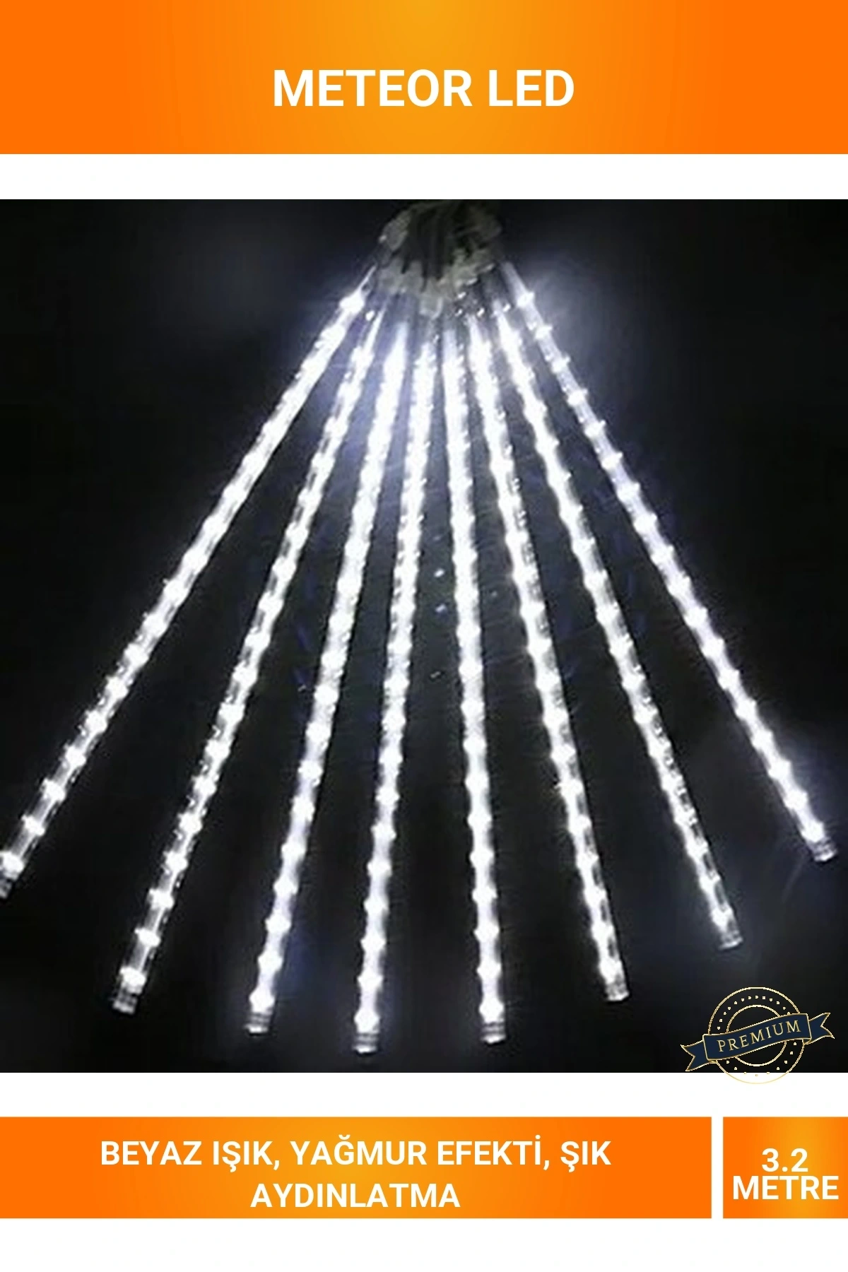 3.2 Metre Meteor Yağmur Akış Efektli Beyaz İç Dış Mekan Dekoratif Saçak Led