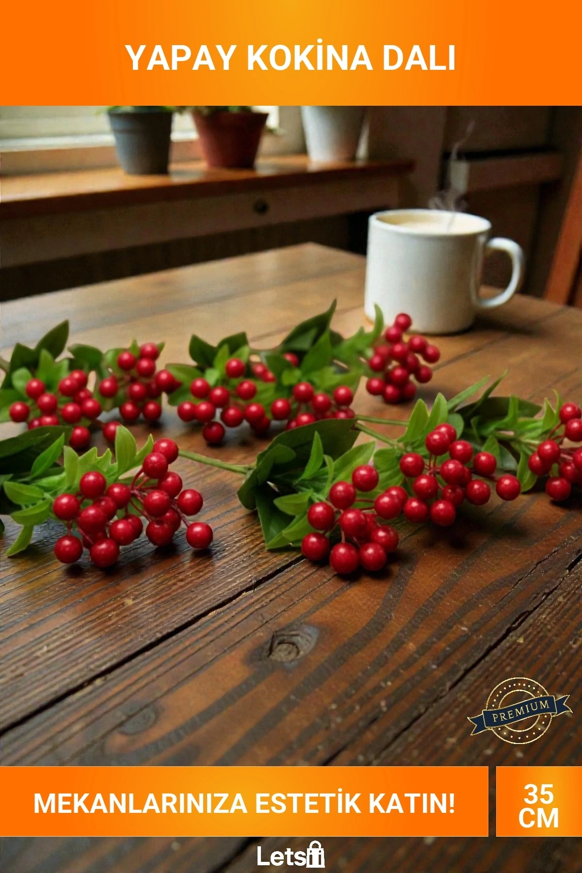 35 Cm Dekoratif Yapay Kokina Dalı Kırmızı Meyveli Gerçekçi Yılbaşı Süslemesi