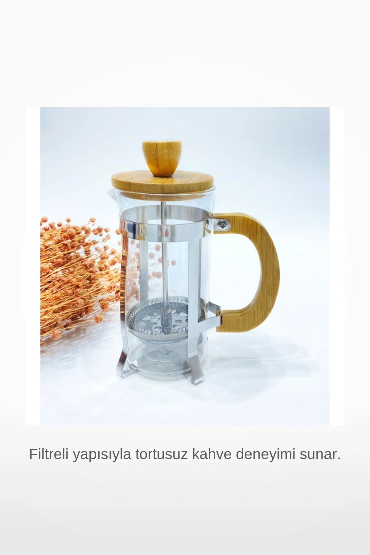 350 ml Ahşap Kapak ve Sap Detaylı Isıya Dayanıklı Cam French Press
