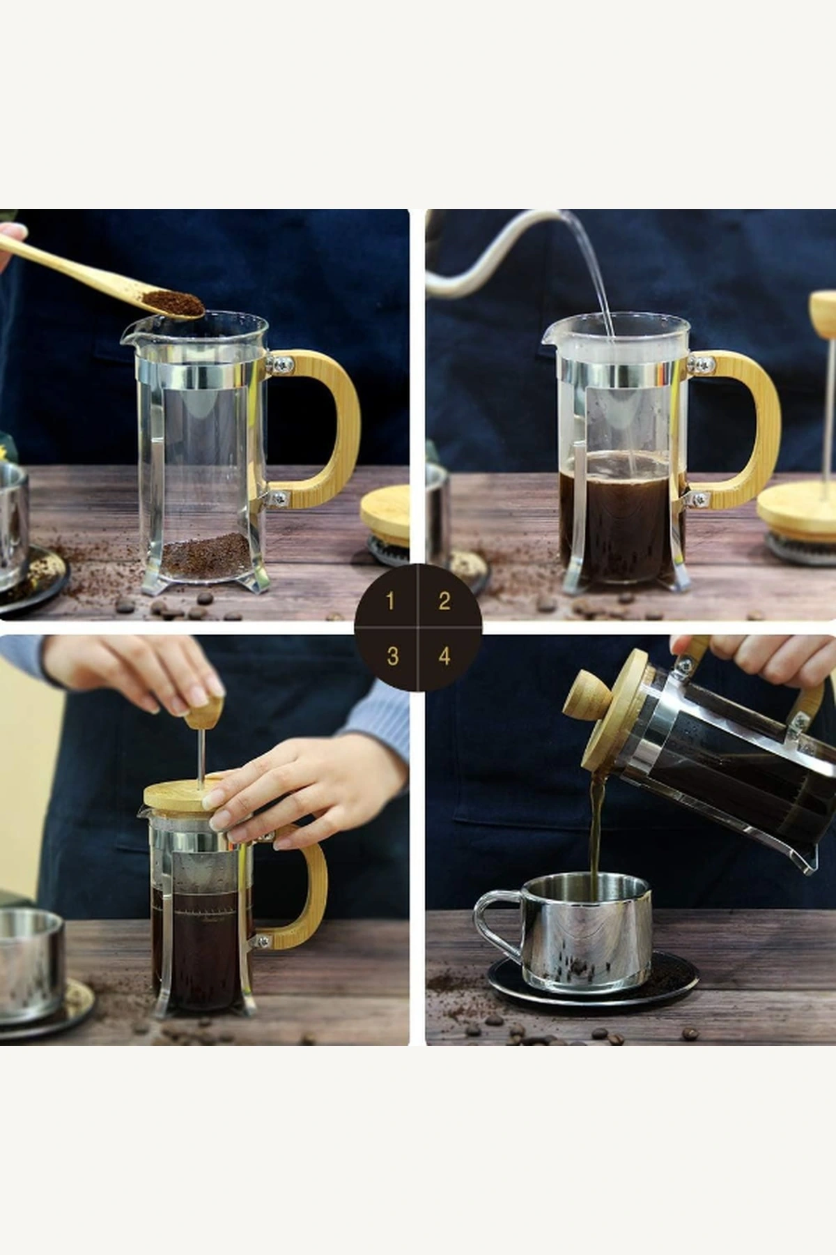 350 ml Ahşap Kapak ve Sap Detaylı Isıya Dayanıklı Cam French Press