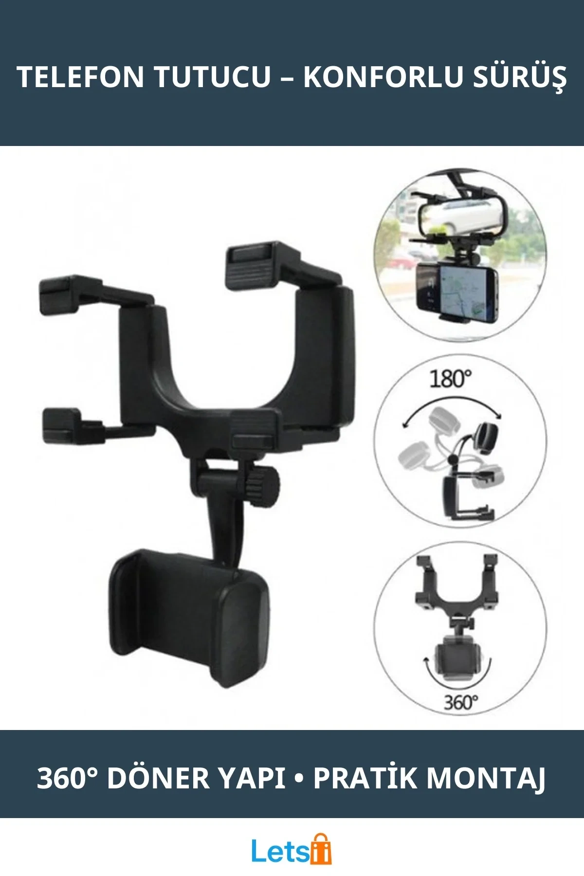 360 Derece Dönebilir Pratik Araba Dikiz Aynası Telefon Tutucu