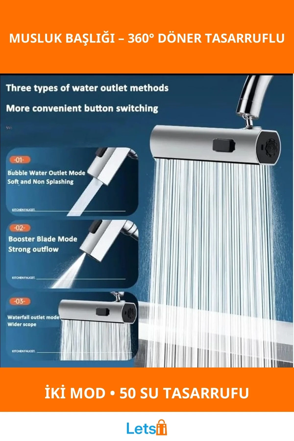 360 Derece Döner Su Tasarruflu Çok Fonksiyonlu Musluk Ucu