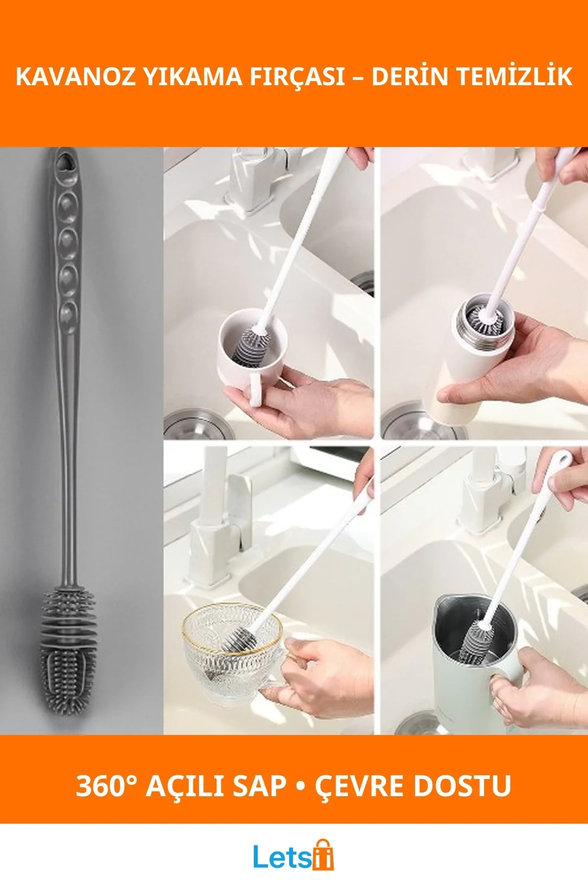 360 Derece Silikon Uzun Saplı Kavanoz Yıkama Fırçası