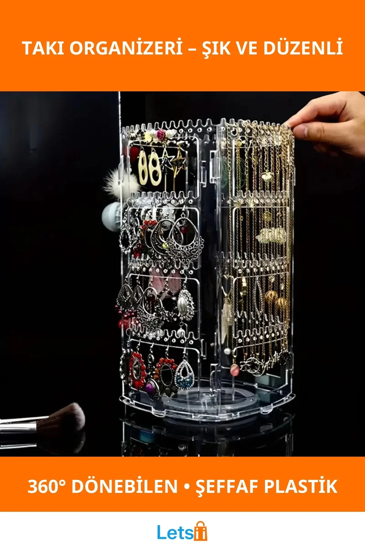 360° Dönebilen Şeffaf Takı Organizeri 30 cm Yükseklik