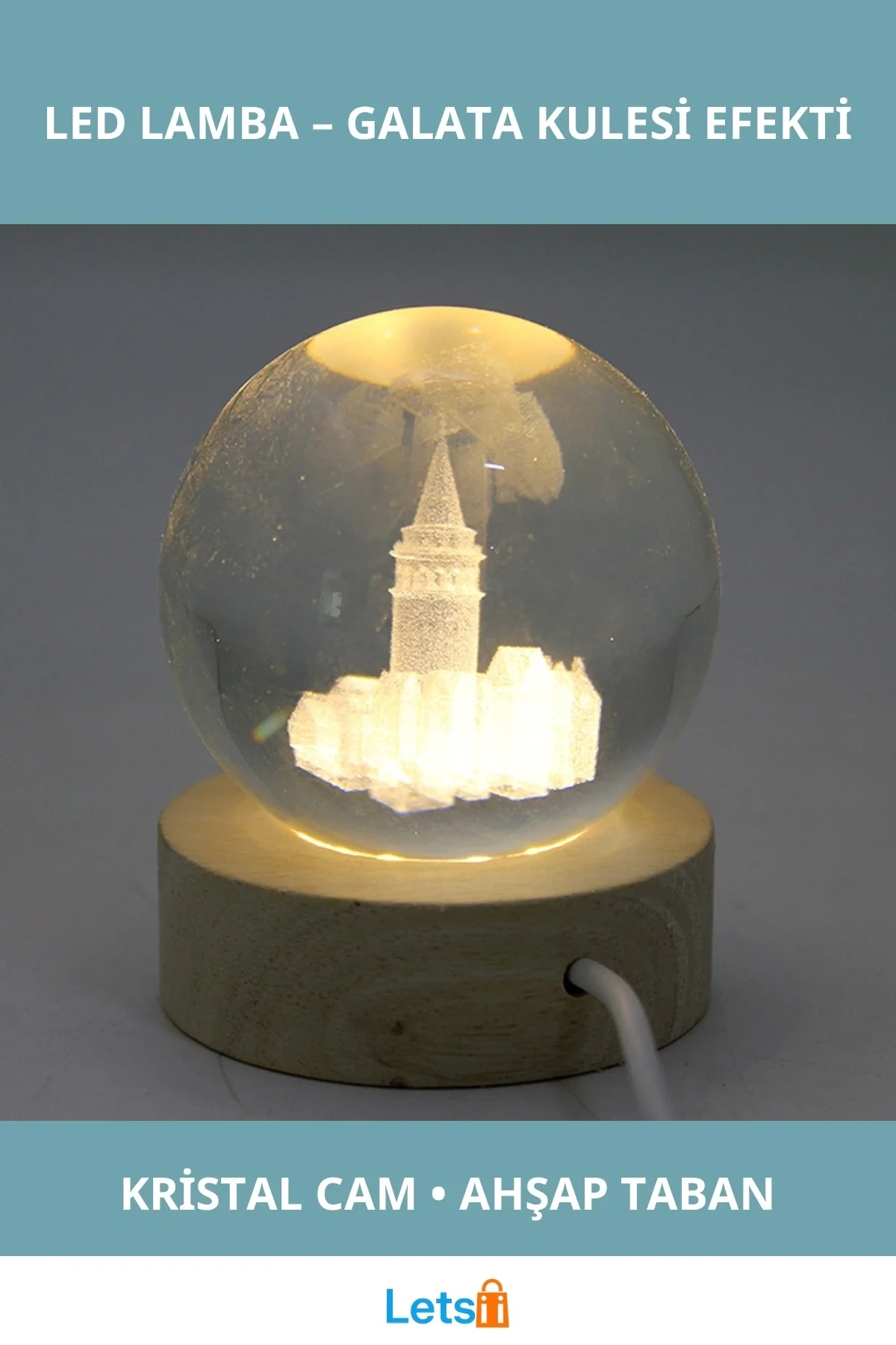 3D İstanbul Temalı Galata Kulesi Kristal Cam Küre Led Lamba Ahşap Soket