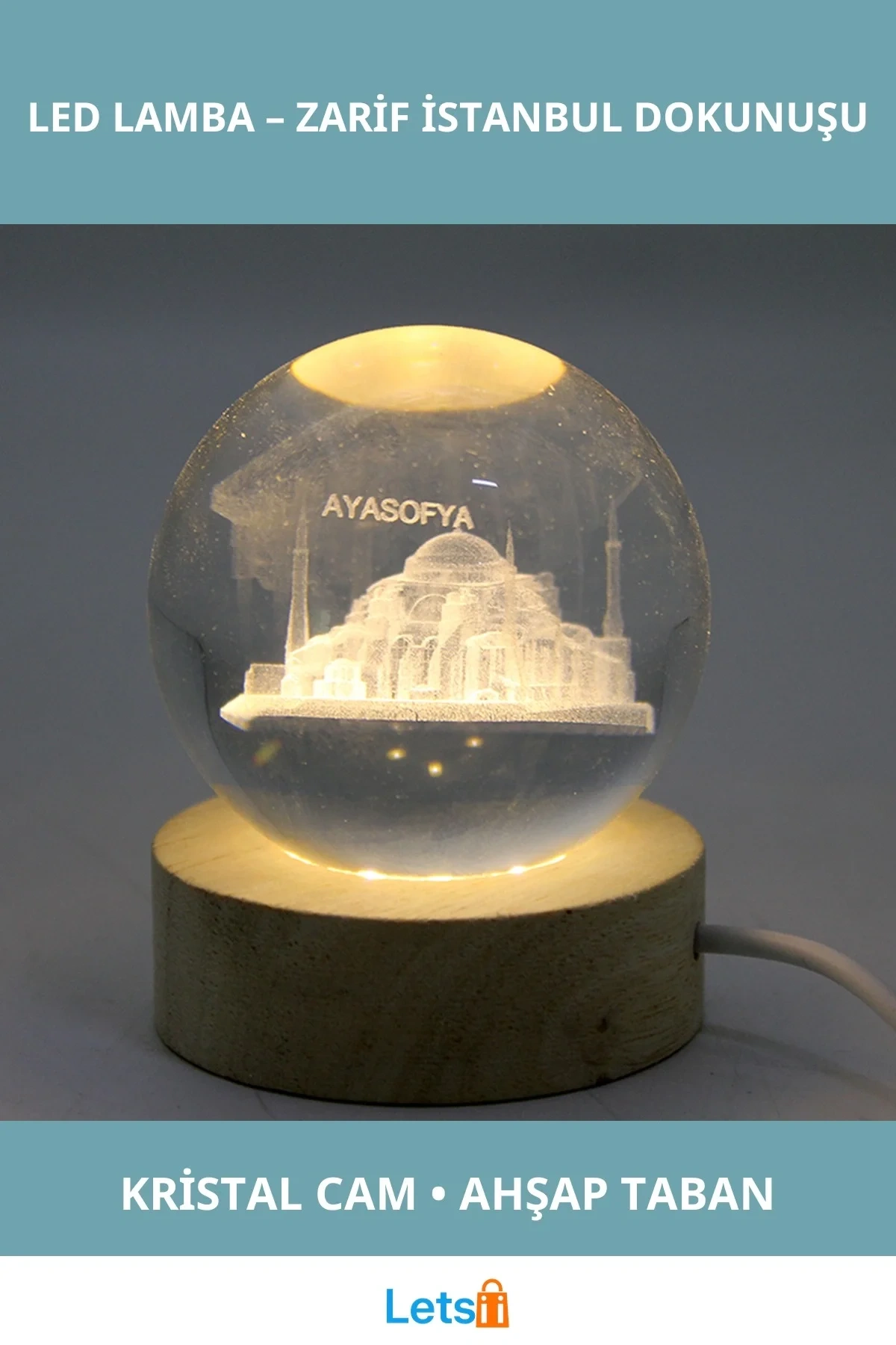 3D İstanbul Temalı Kristal Cam Küre Led Lamba Ahşap Soket