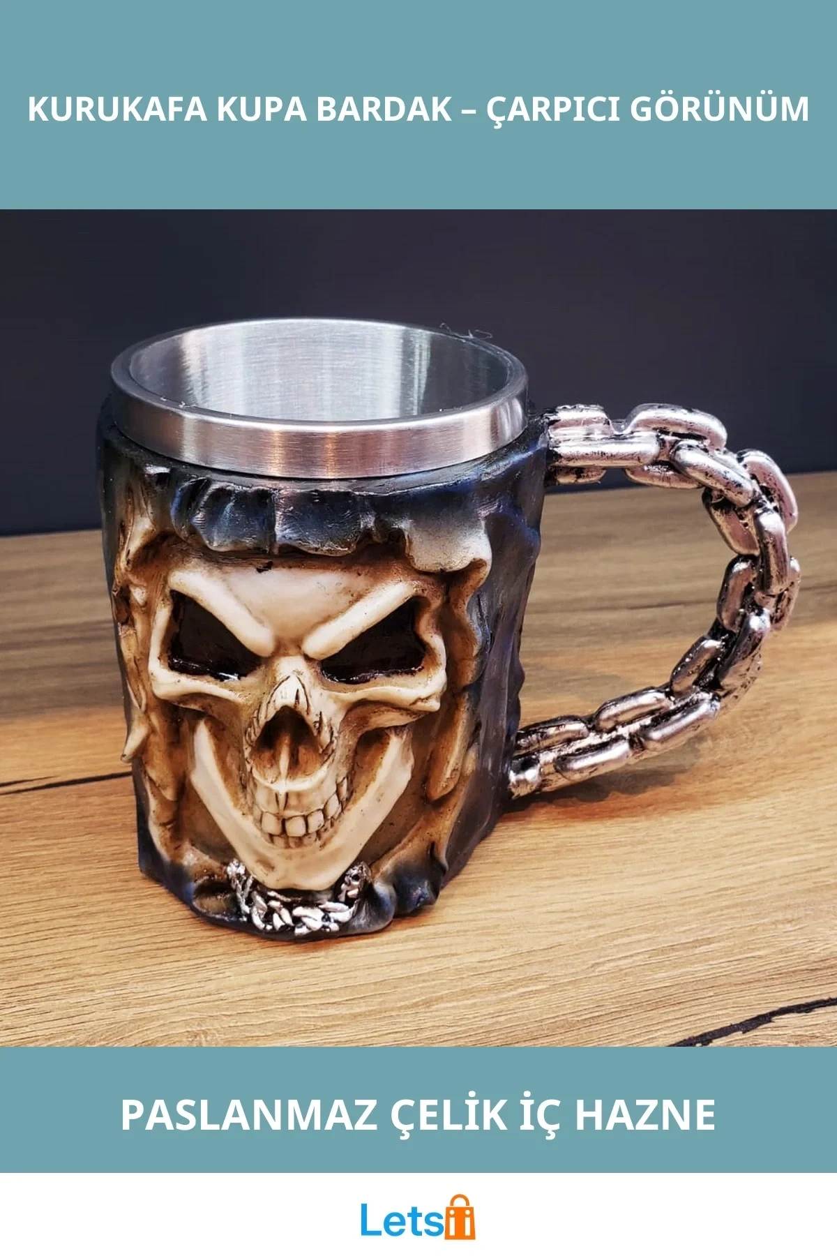 3D Tasarımlı Kurukafa Kupa Bardak Paslanmaz Çelik İç Kaplama