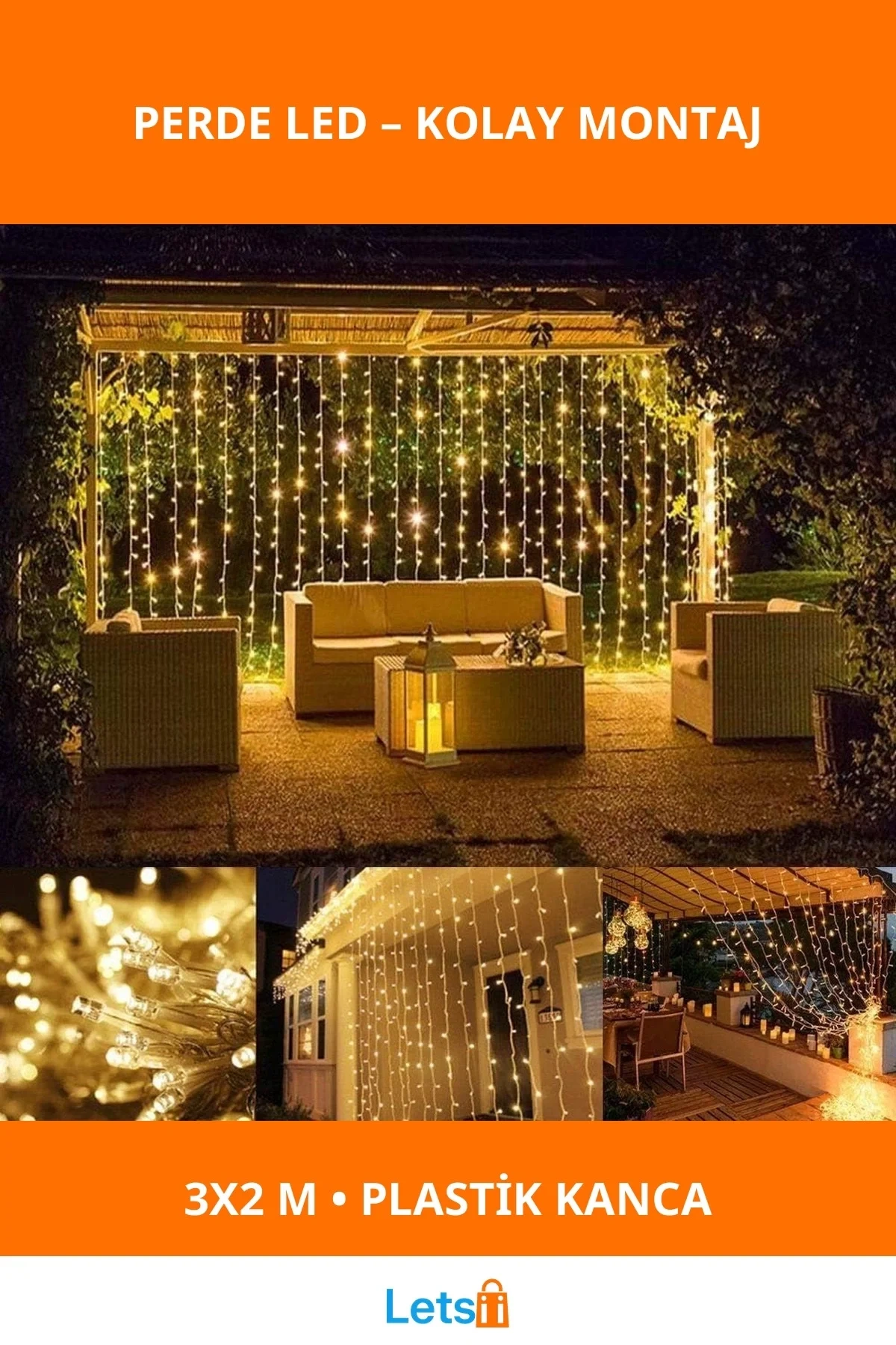 3x2 Metre Plastik Kancalı Sarı Işık Perde Dekoratif Aydınlatma