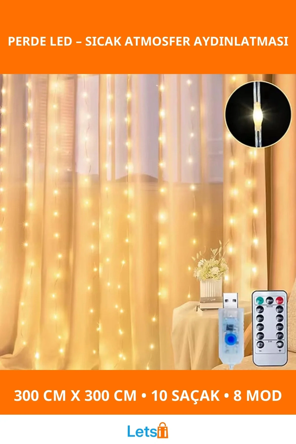 3x3 Metre Kumandalı LED Perde 10 Saçaklı Dekoratif Işık