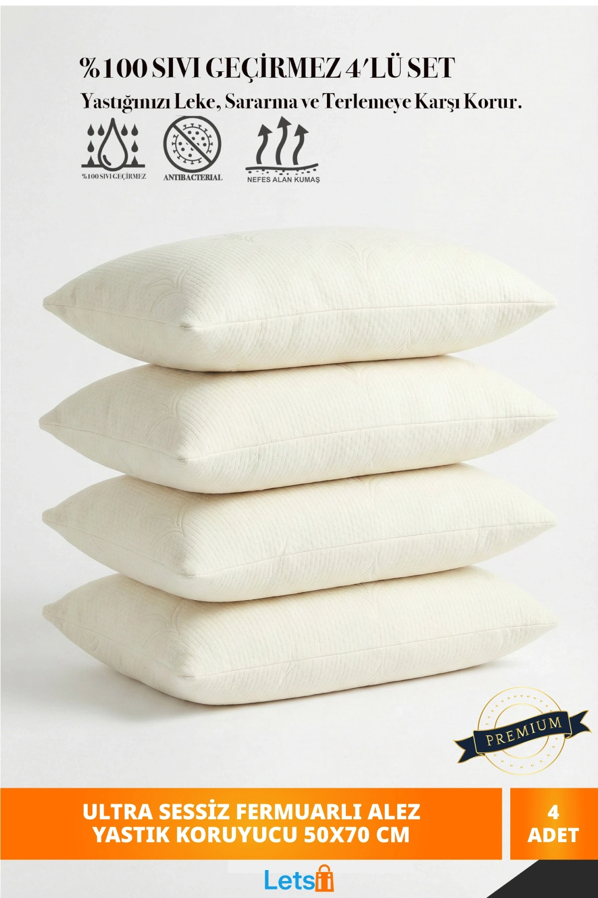 4 Adet Premium Sıvı Geçirmez Yastık Alezi | Ultra Sessiz Fermuarlı Yastık Koruyucu 50x70 cm 4lü Set