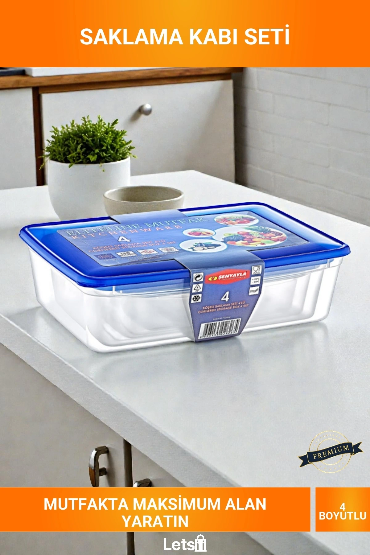 4 Boyutlu Köşeli Sızdırmaz Şeffaf Mavi Kapaklı BPA Free Erzak Saklama Kabı