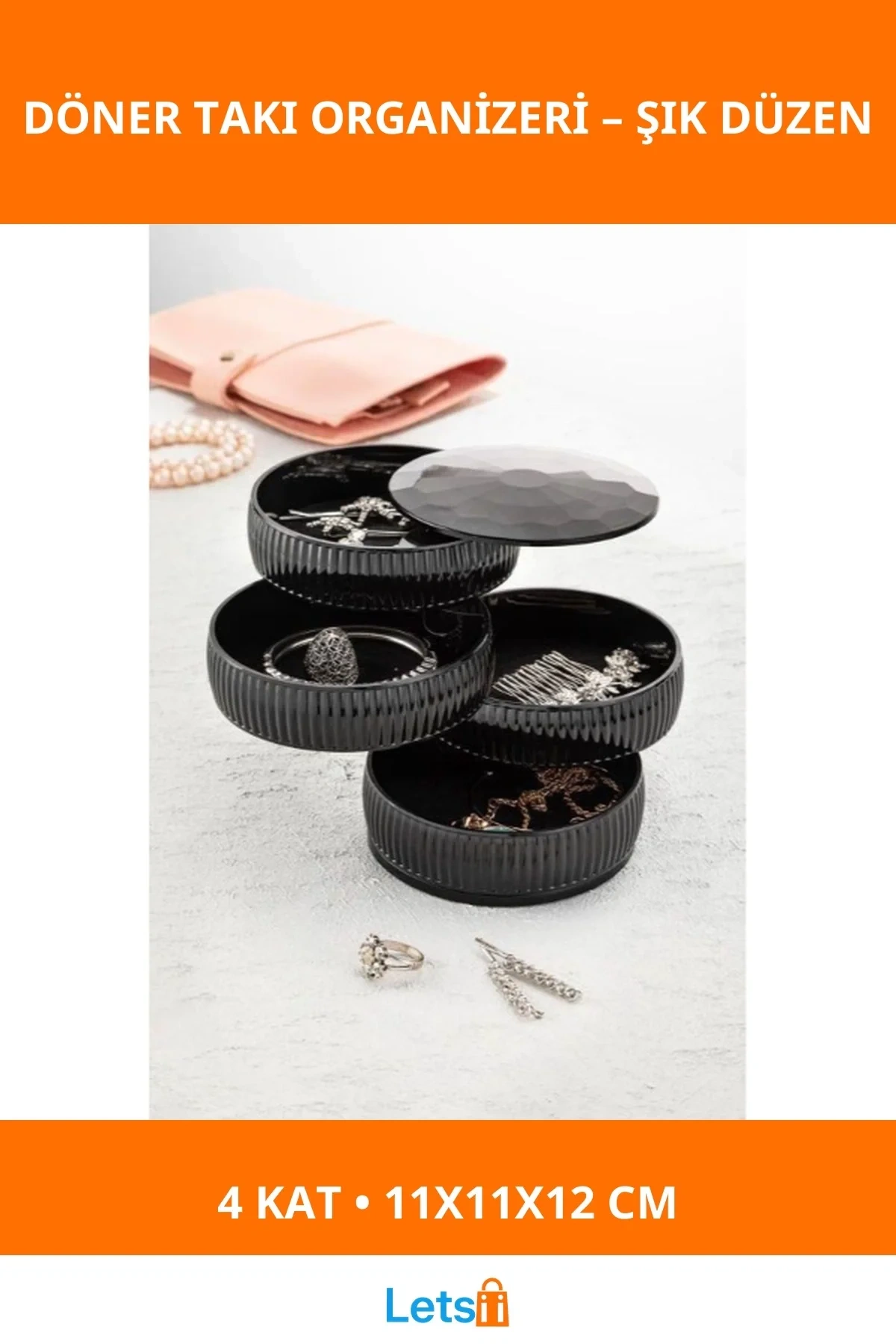 4 Katlı Dönen Silindir Takı Organizeri Pratik ve Şık Saklama Çözümü
