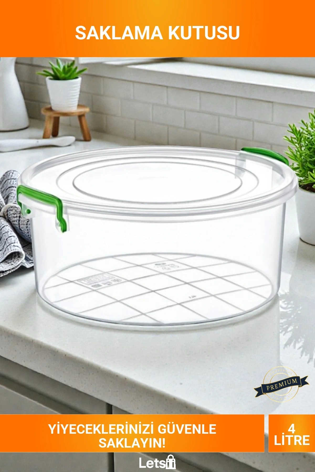 4 Litre Yeşil Klipsli Yuvarlak Şeffaf Saklama Kutusu