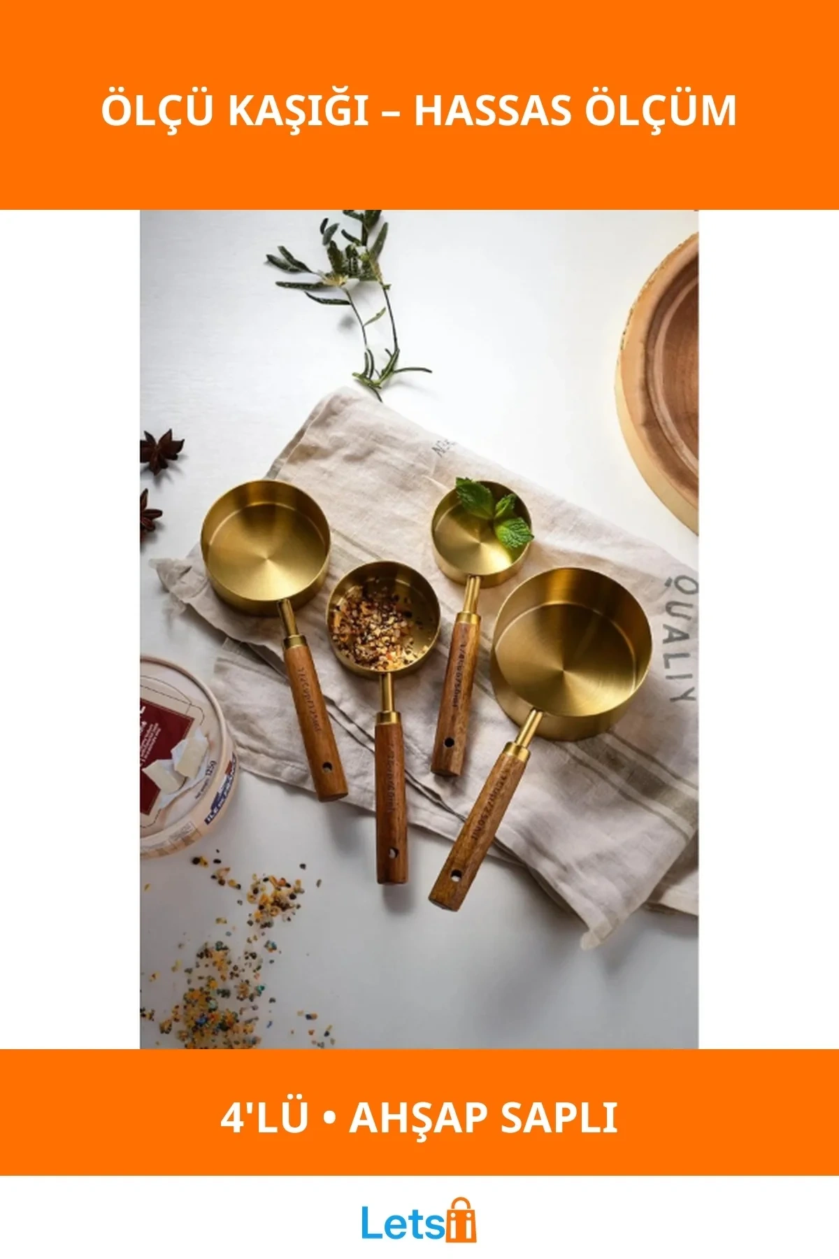 4lü Ahşap Saplı Şık Altın Renk Ölçü Kaşığı Küçük Mutfak Aletleri