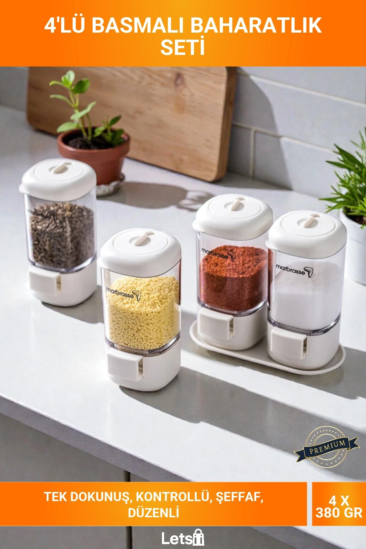4lü Basmalı Mekanizmalı Kontrollü Akış Şeffaf 380gr Baharatlık Tuzluk Takımı