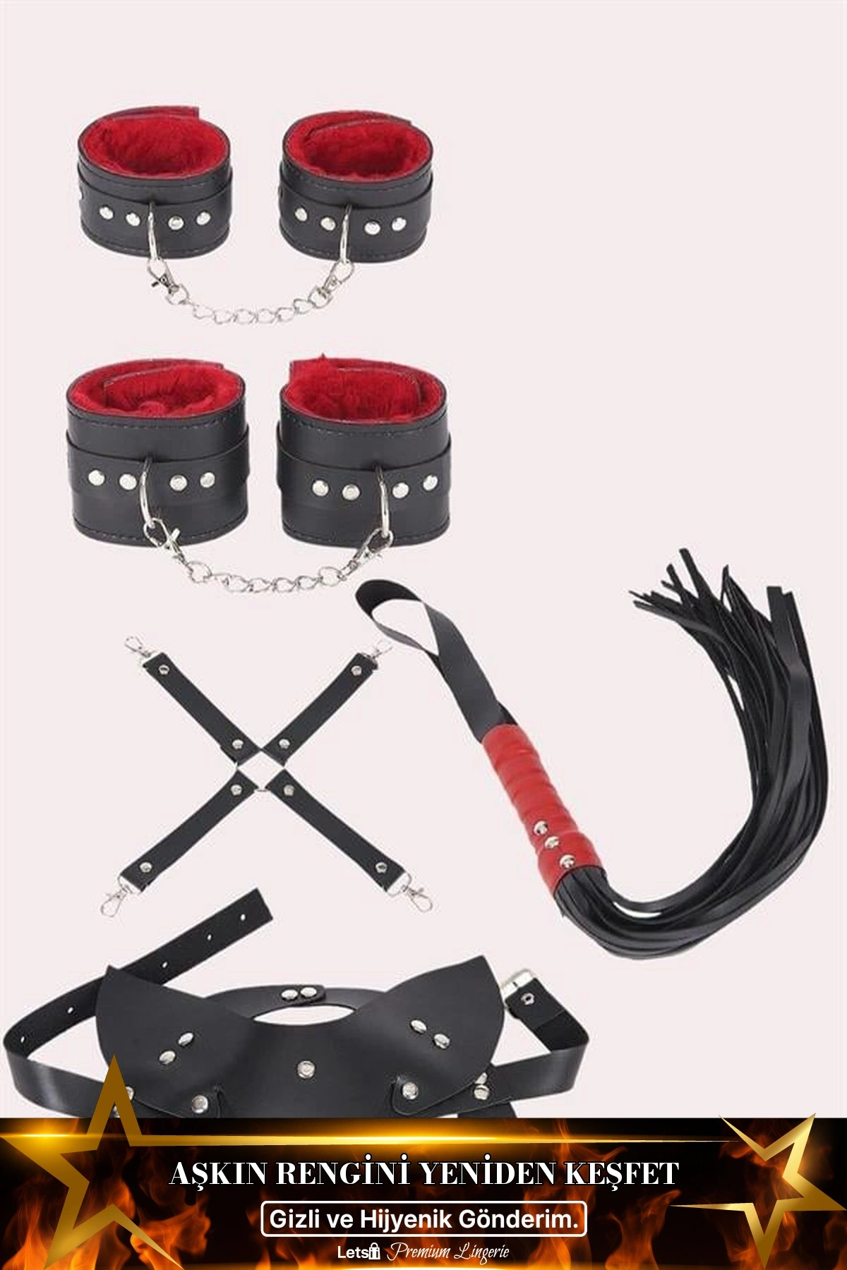 4Lü Kol Bacak Kırbaç Maske Deri Fantezi Aksesuar Set Siyah Renk