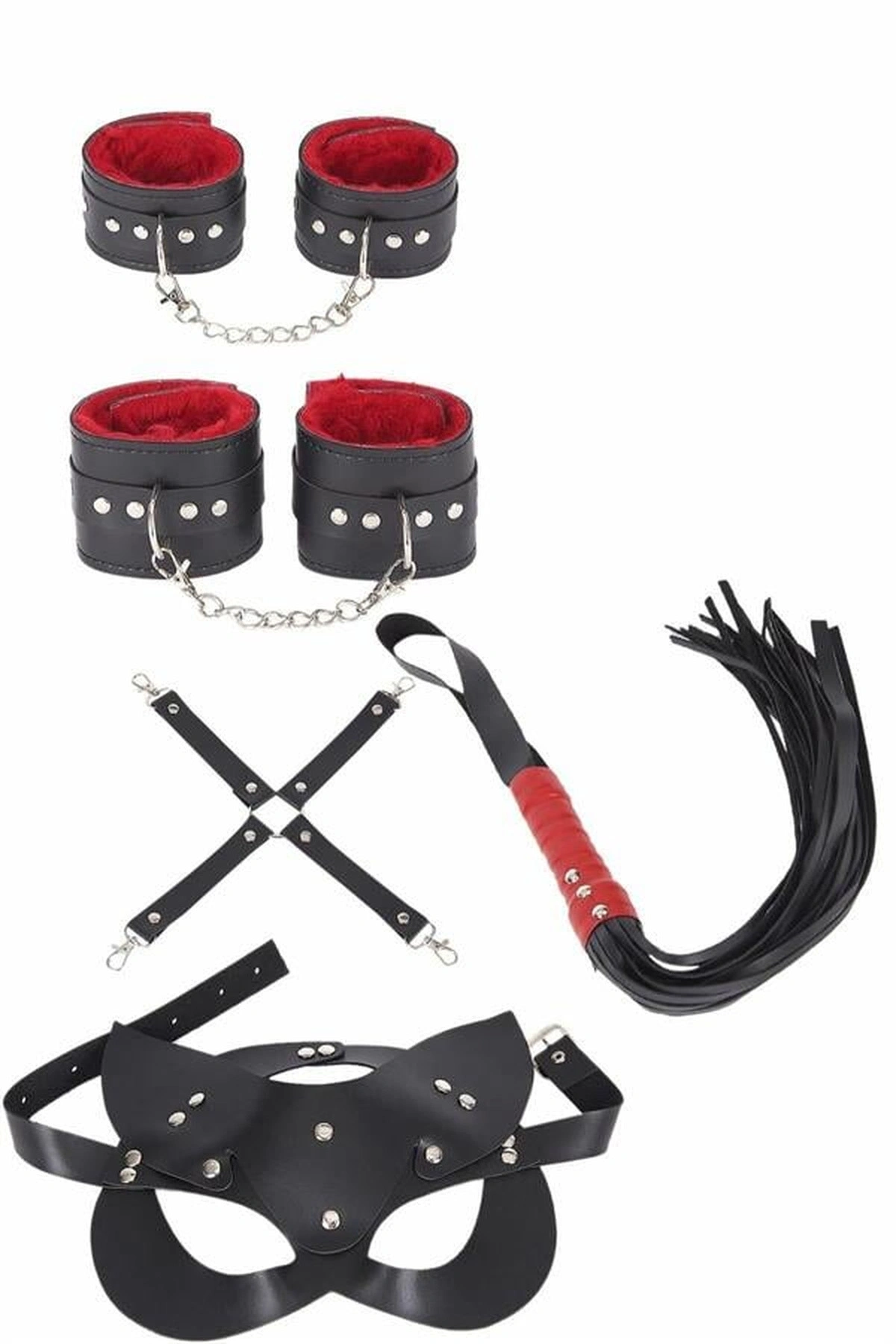 4Lü Kol Bacak Kırbaç Maske Deri Fantezi Aksesuar Set Siyah Renk