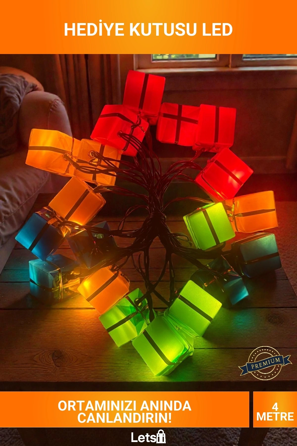 4 Metre 20 LED Pilli Hediye Kutusu Şekilli 2 Kademeli Yılbaşı Parti Dekor Led