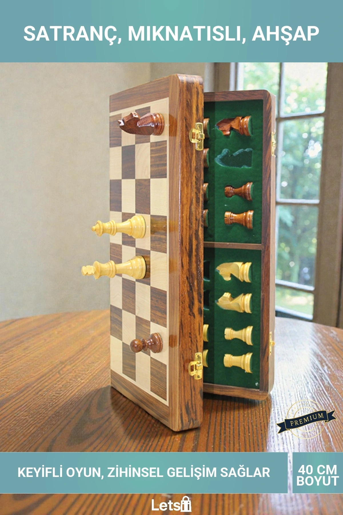 40cm Mıknatıslı Taşlı Ahşap Katlanabilir Satranç Oyunu