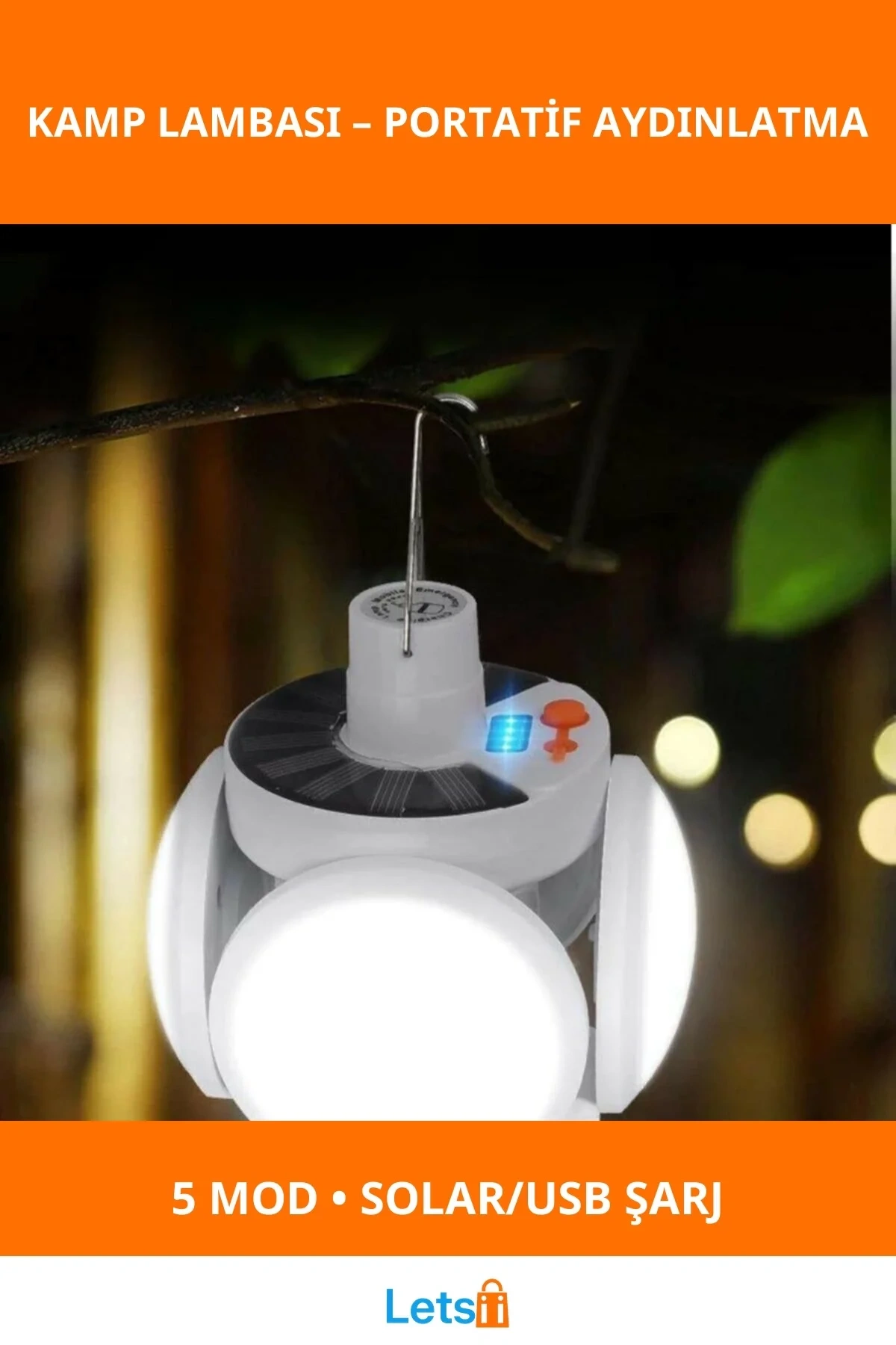 5 Kanatlı Güneş Enerjili Taşınabilir Kamp Lambası Su Geçirmez