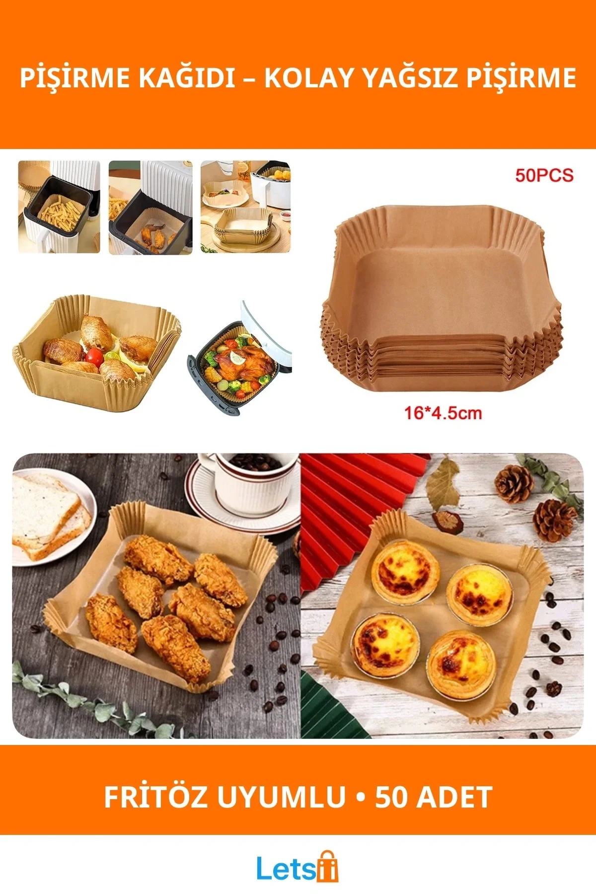 50 Adet Büyük Boy Hava Fritözü Pişirme Kağıdı Yağsız Temizlik Kolay