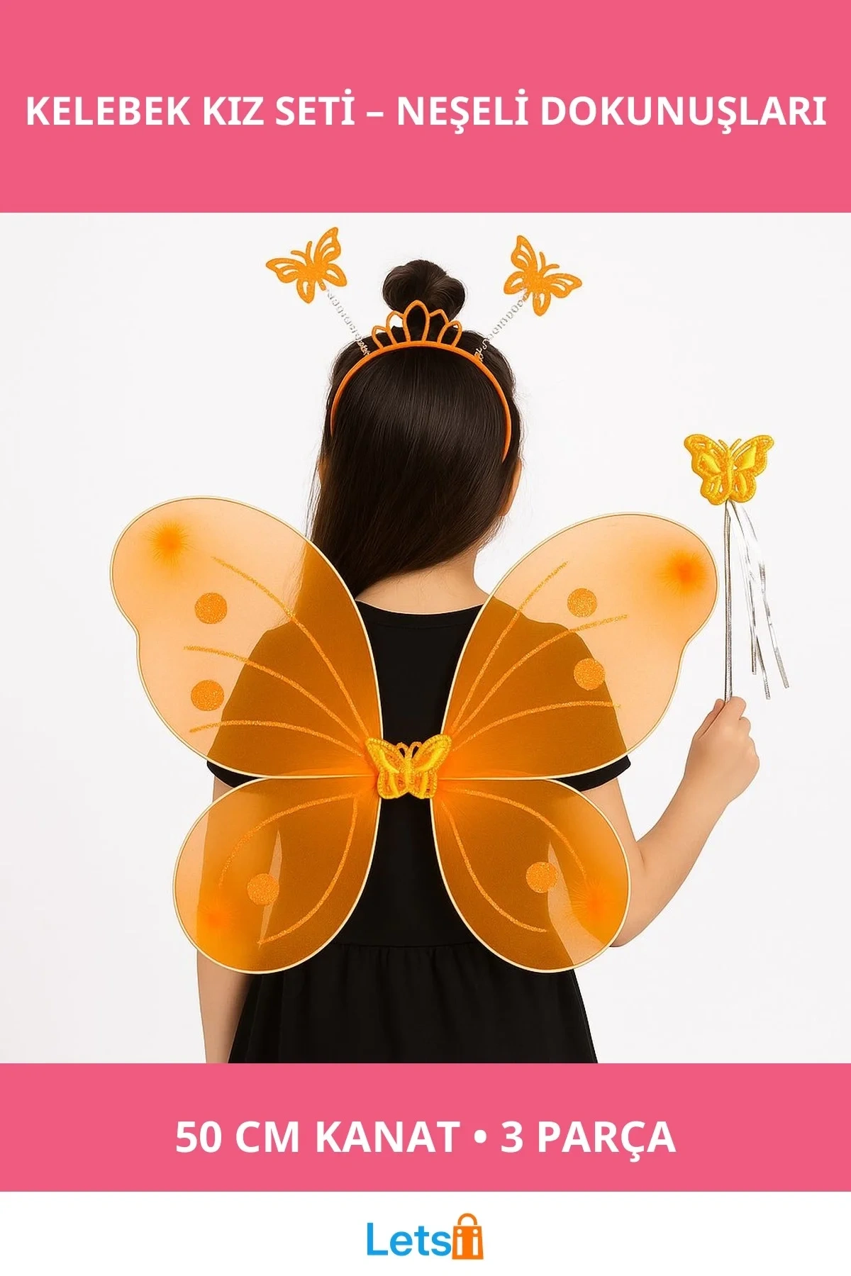 50 cm Turuncu Kelebek Kanadı, Taç ve Asa Kostüm Seti