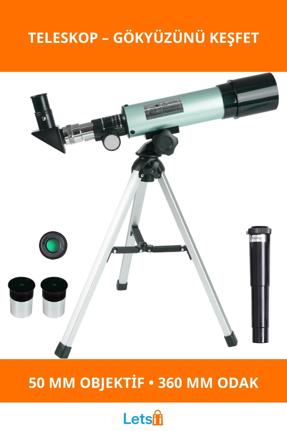 50mm Objektifli 360mm Odak Uzaklığı Astronomi Gözlem Başlangıç Teleskobu