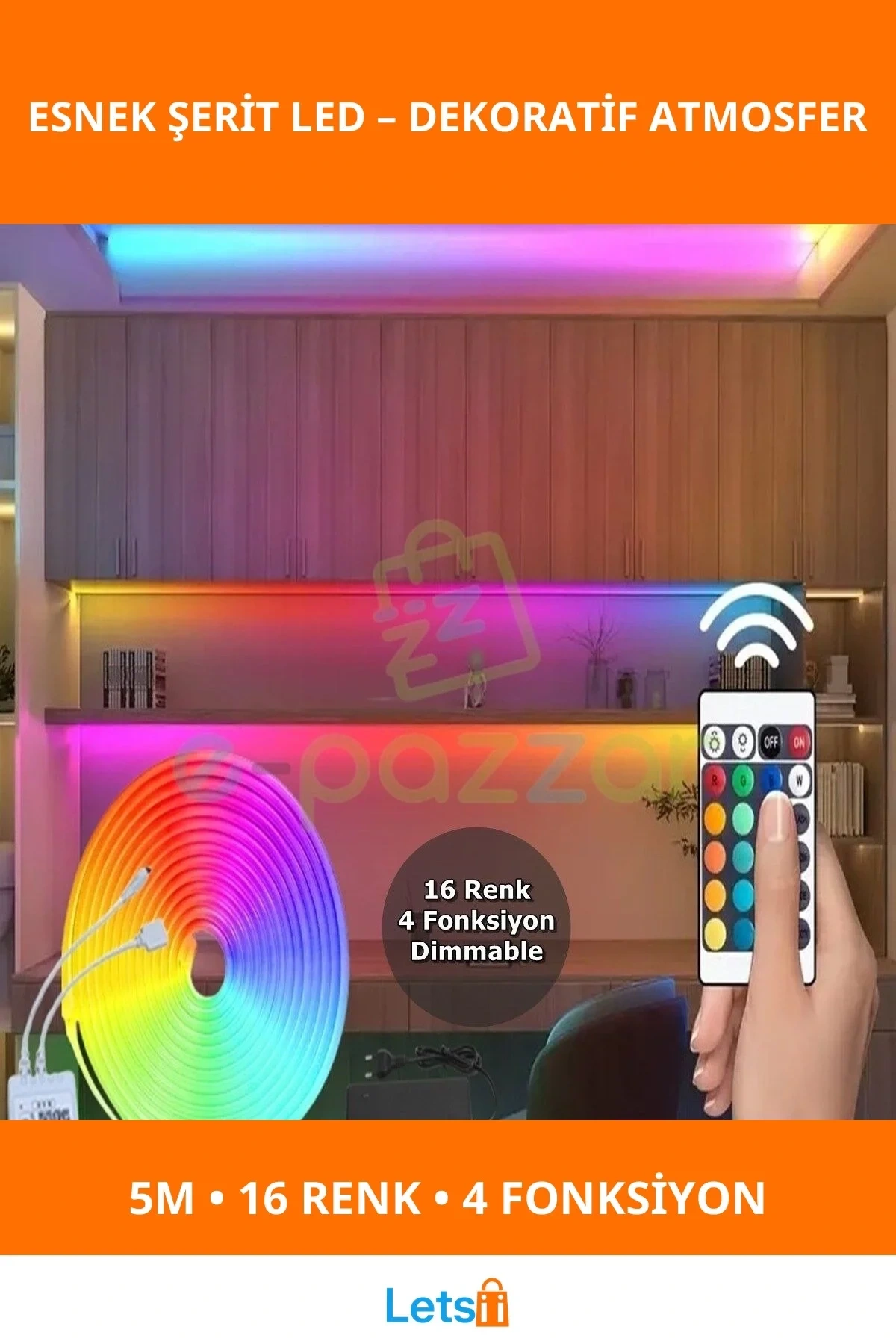 5M Esnek Şerit Neon LED 16 Renk 4 Fonksiyonlu Aydınlatma