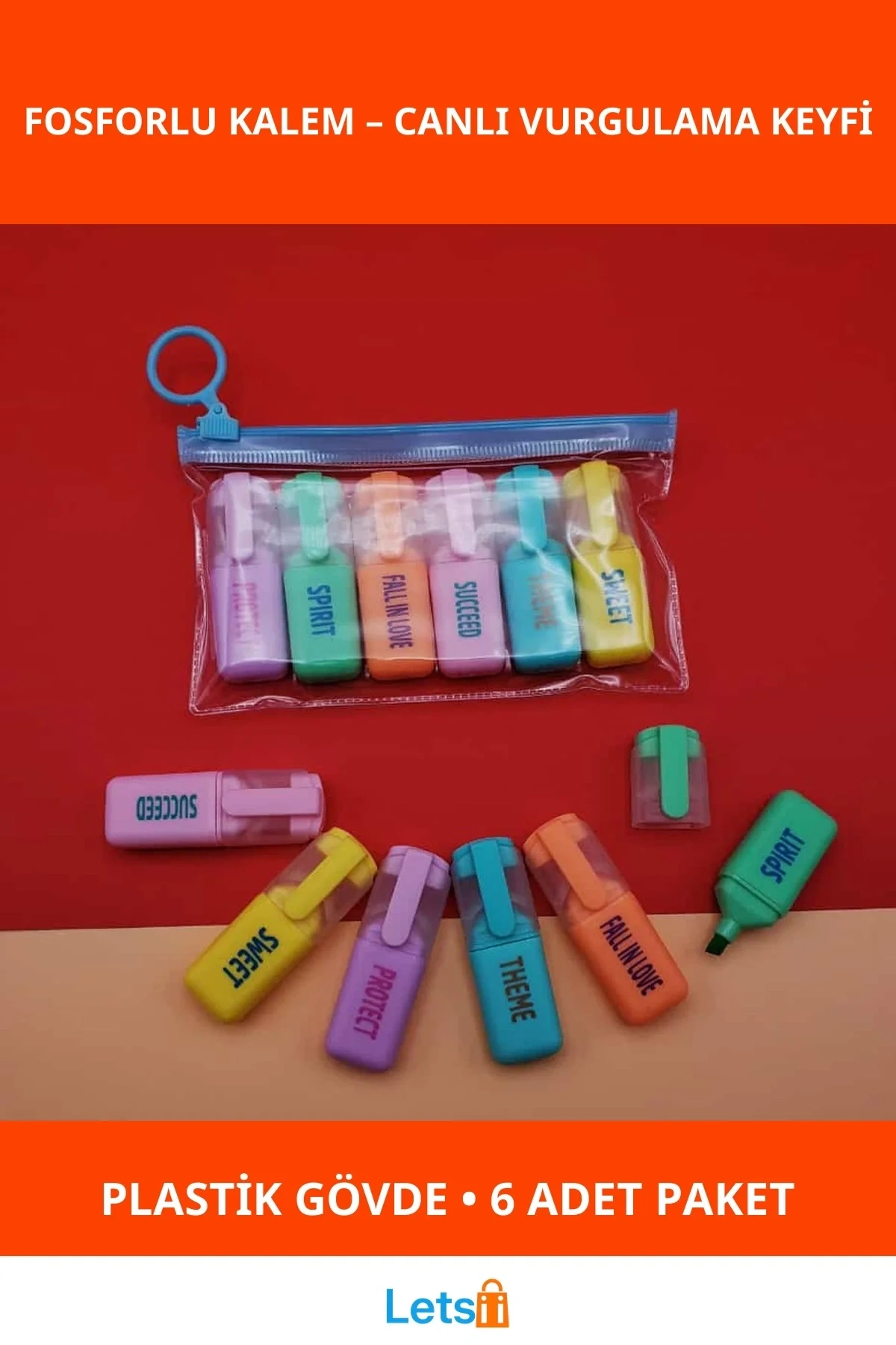 6lı Fosforlu Kalem Fransız Mavi Pembe Yeşil Sarı Renkli Vurgulama Kalemi