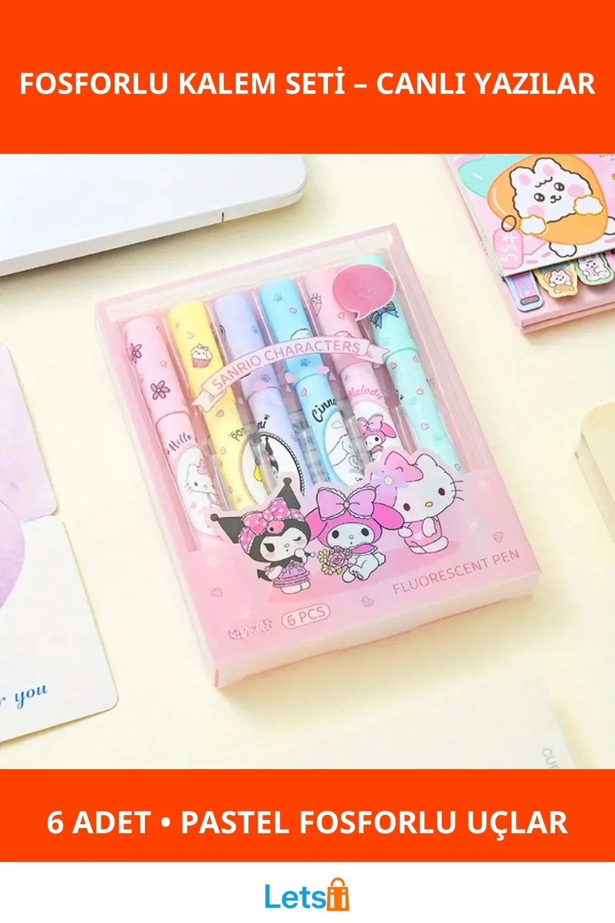 6lı Fosforlu Kalem Seti Sanrio Karakterleri, Kuromi, Hello Kitty