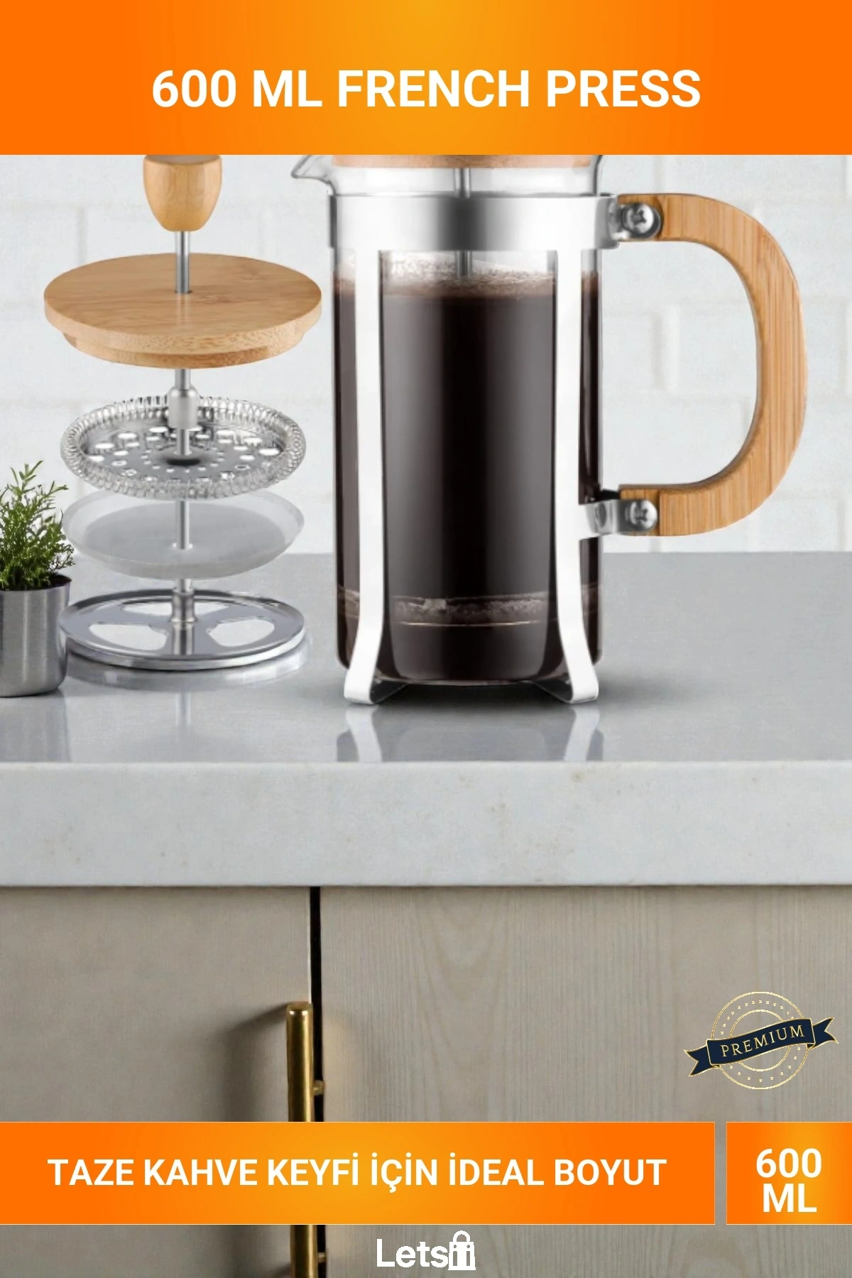 600 ml Büyük Boy Ahşap Kapaklı Isıya Dayanıklı Cam French Press Kahve Demleyici