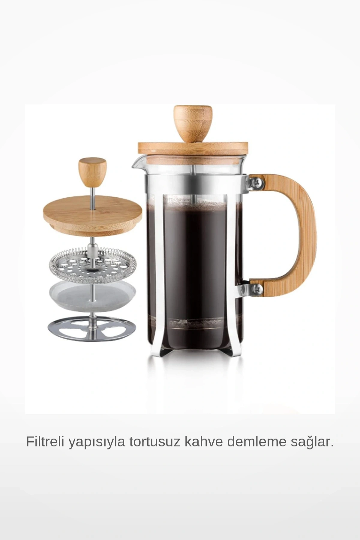 600 ml Büyük Boy Ahşap Kapaklı Isıya Dayanıklı Cam French Press Kahve Demleyici