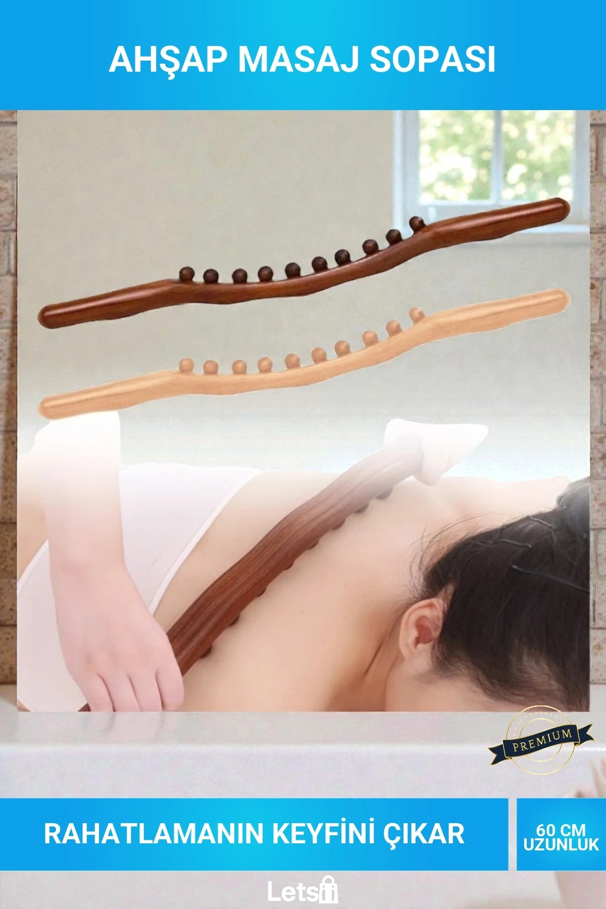 60cm Doğal Ahşap Sırt ve Nokta Masaj Sopası