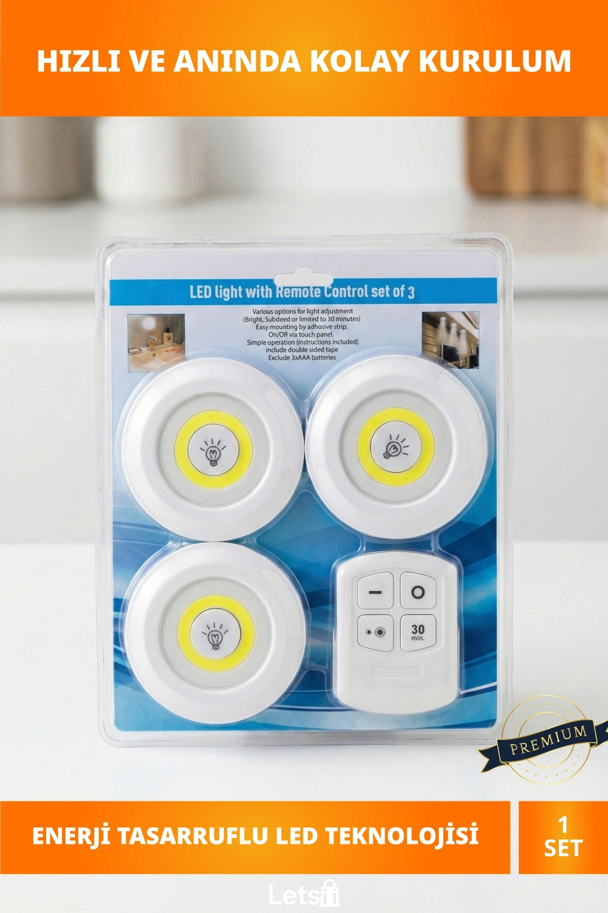 Uzaktan Kumandalı Yapışkanlı 3 Adet LED Spot Lamba