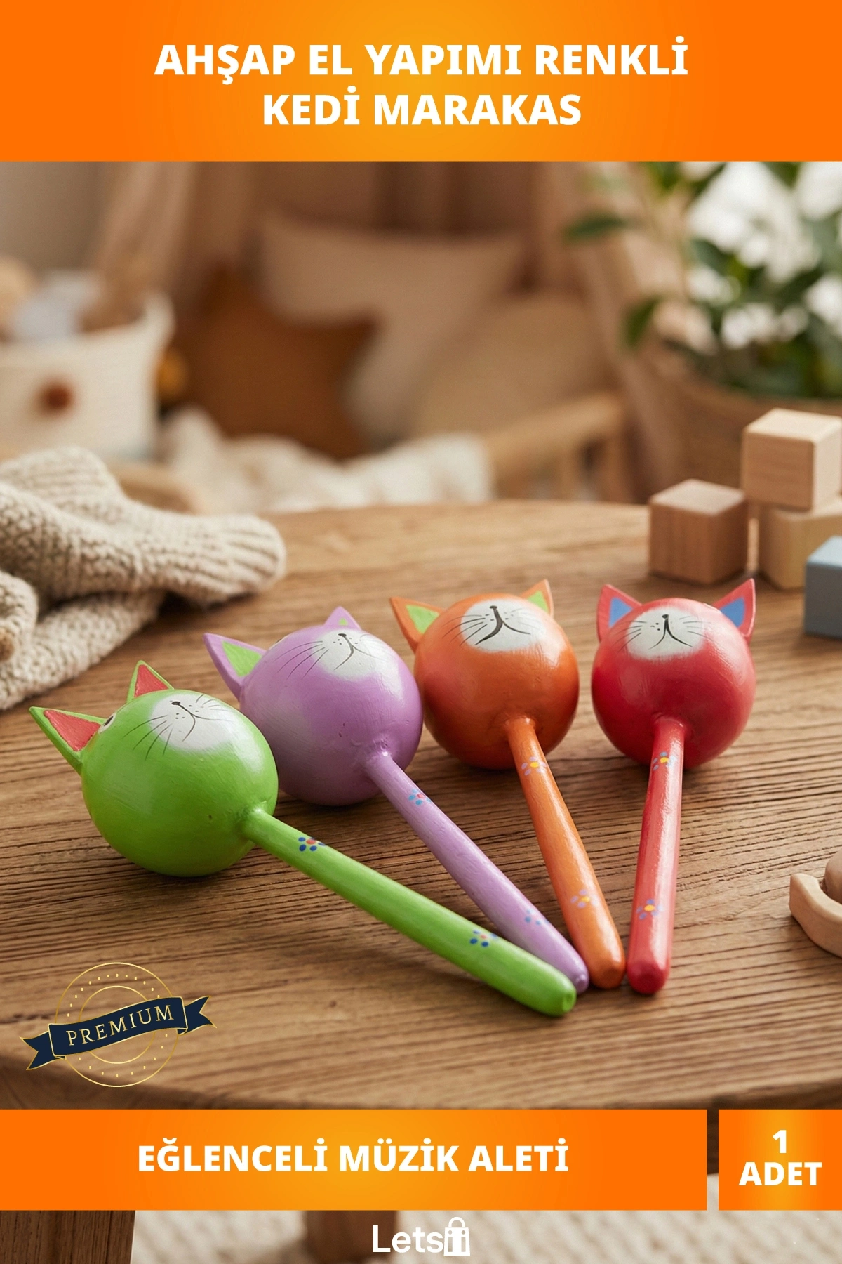 Ahşap El Yapımı Renkli Kedi Marakas Eğlenceli Müzik Aleti