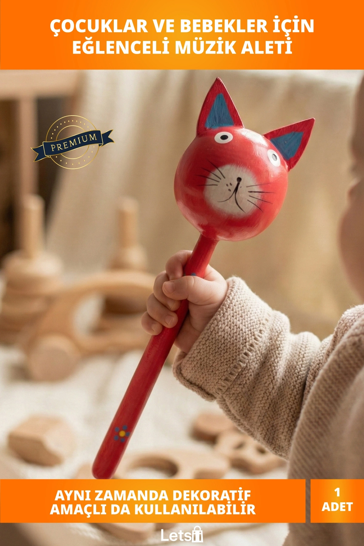 Ahşap El Yapımı Renkli Kedi Marakas Eğlenceli Müzik Aleti