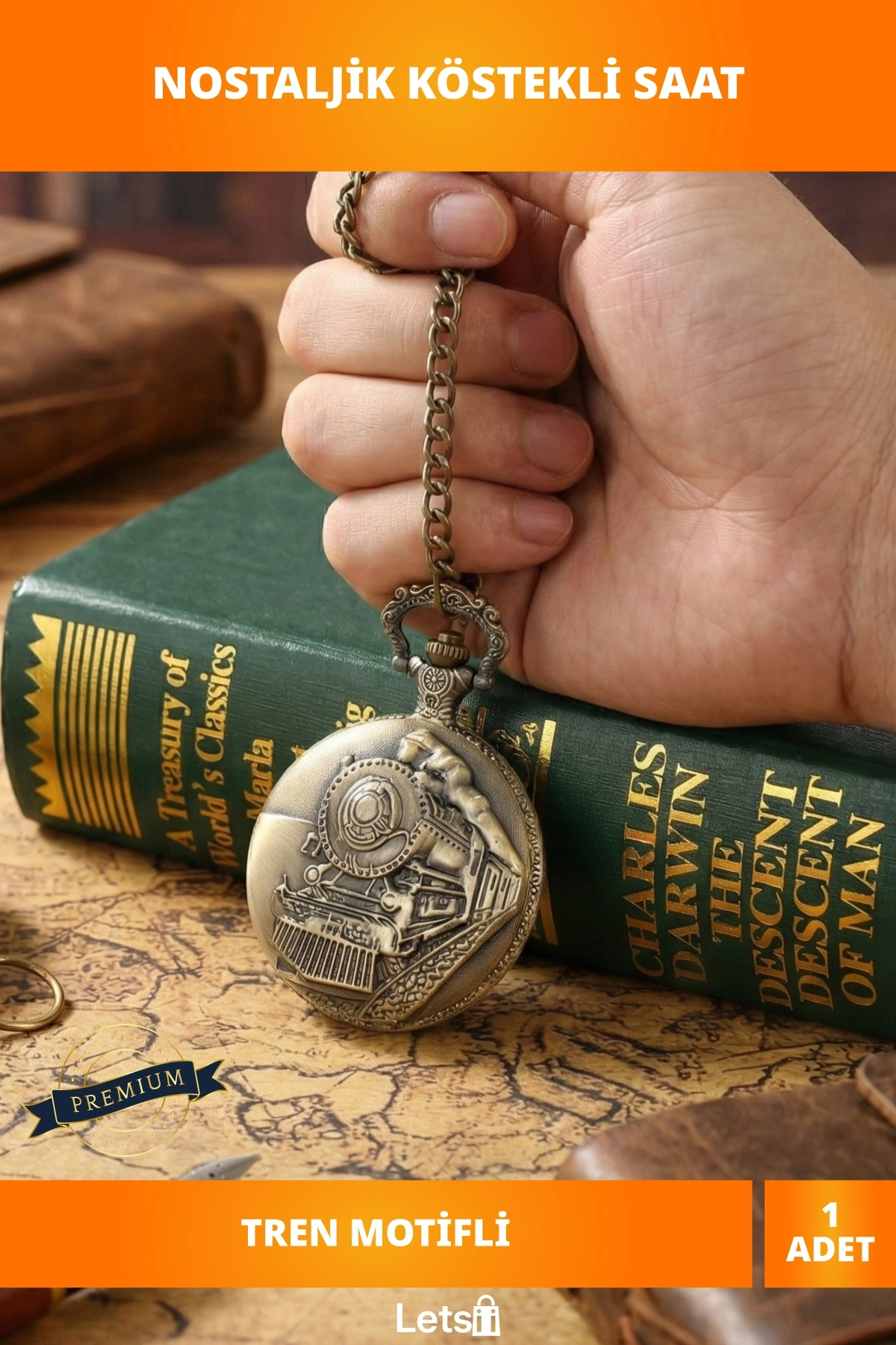 Nostaljik Tren Temalı Antik Bronz Köstekli Saat