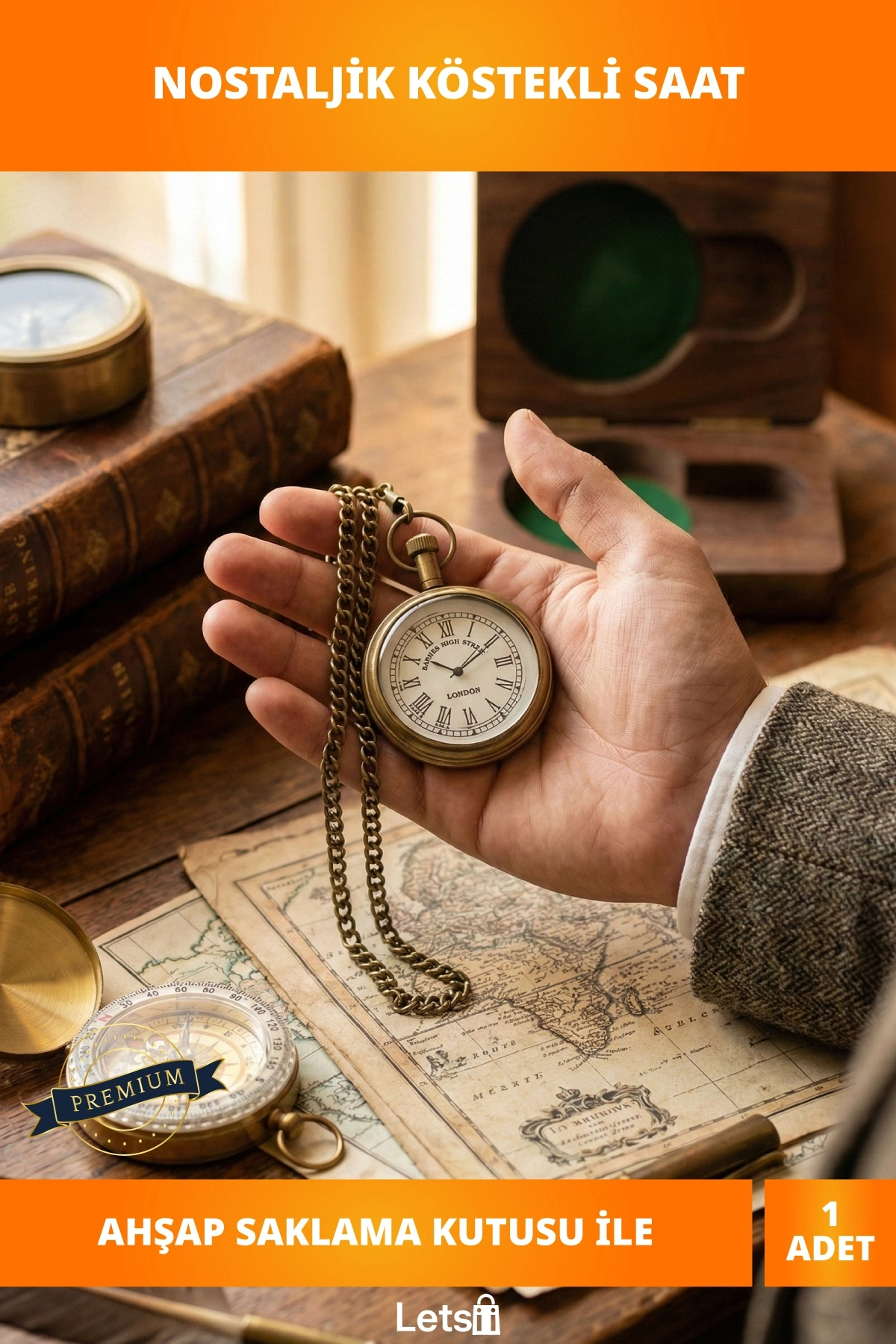 Ahşap Kutulu Nostaljik Pirinç Köstekli Saat