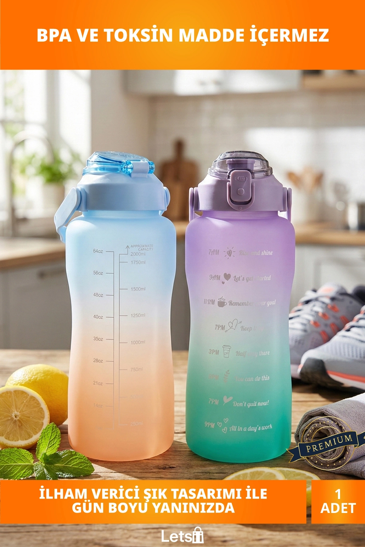 2 Litre Günlük Motivasyon Su Matarası İlham Verici Tasarım