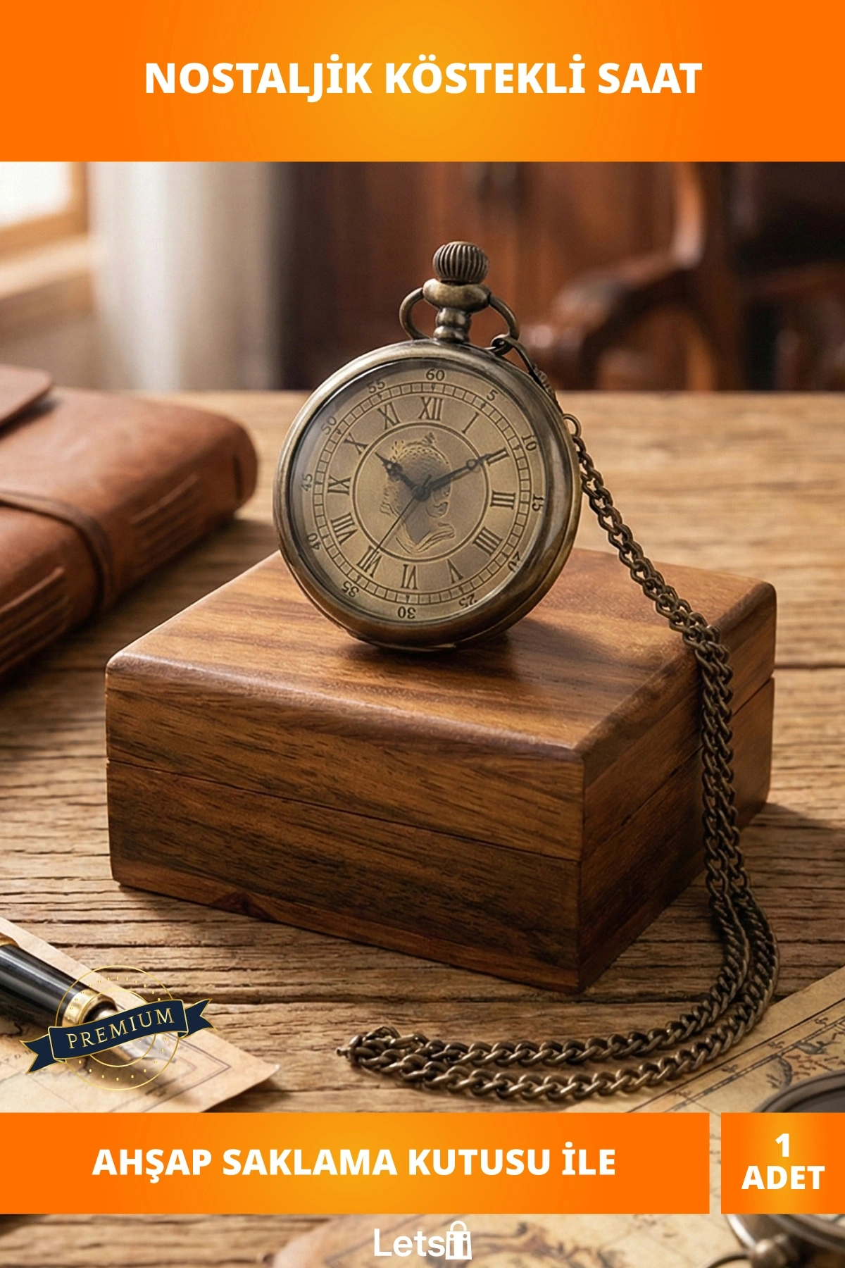 Nostaljik Ahşap Kutulu Pirinç Köstekli Saat