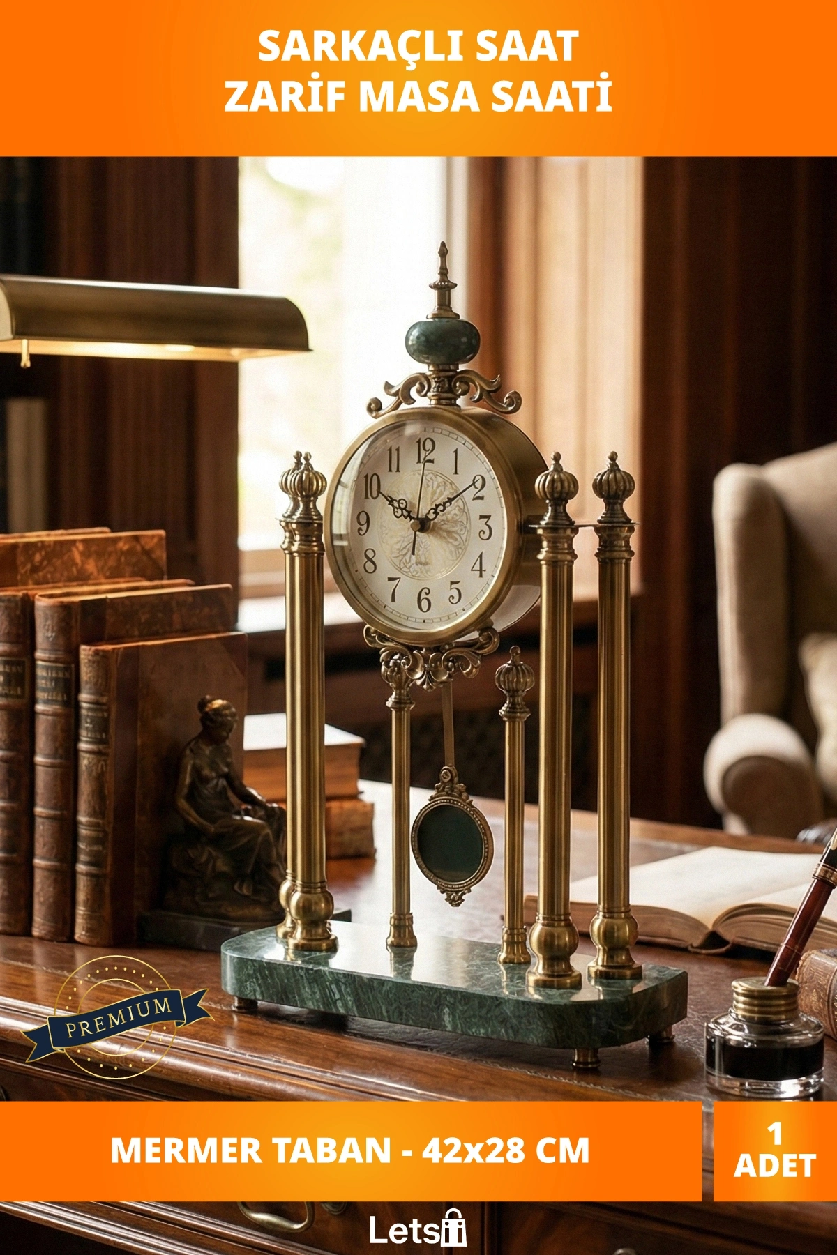 Zarif Metal Mermer Taban Sarkaçlı Masaüstü Saat 42x28 cm