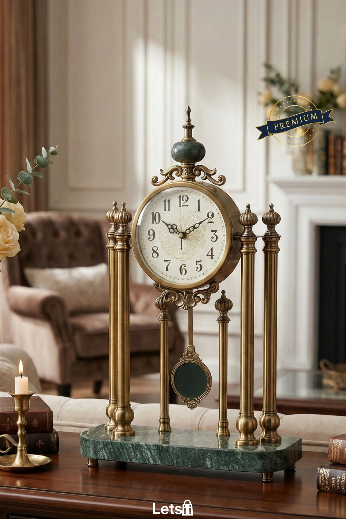 Zarif Metal Mermer Taban Sarkaçlı Masaüstü Saat 42x28 cm