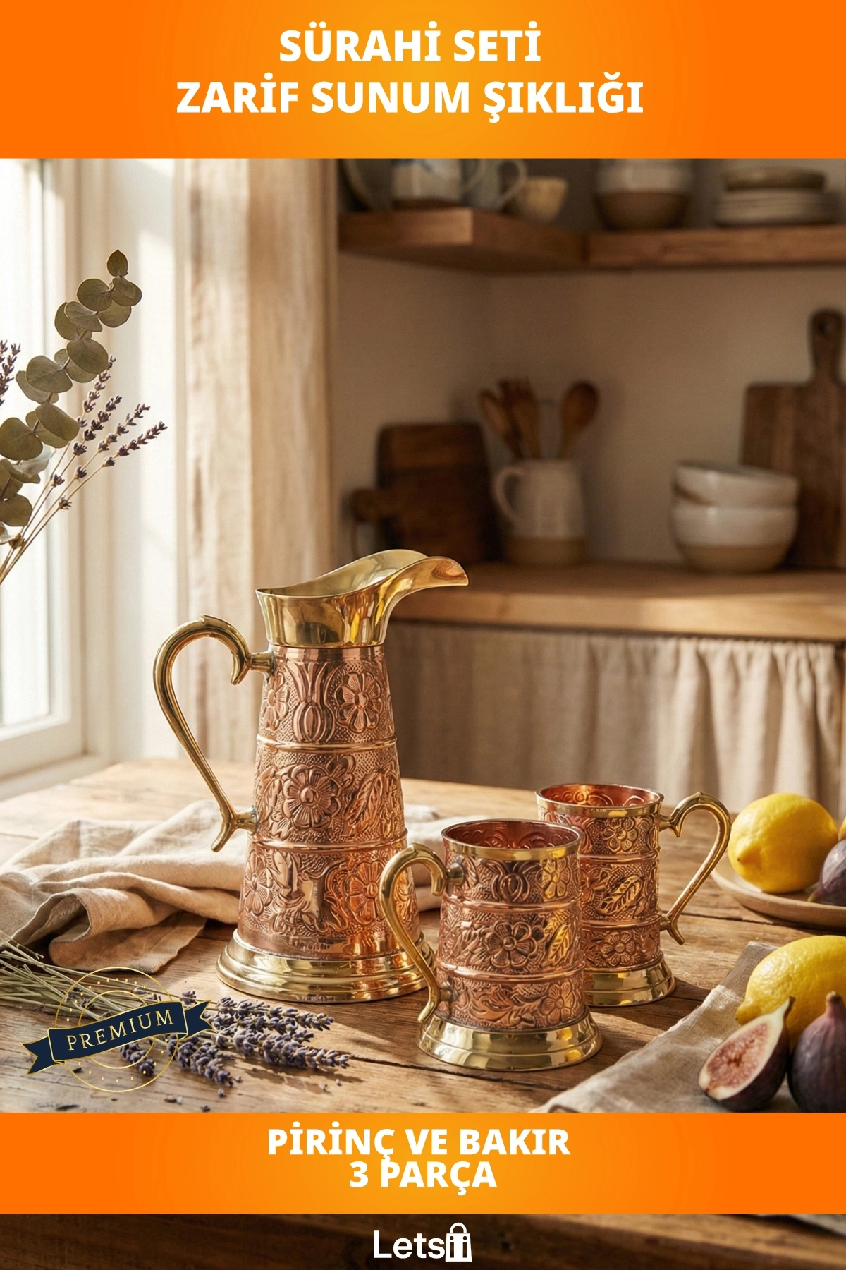 Şık Pirinç ve Bakır Tasarımlı 2 Bardaklı Sürahi