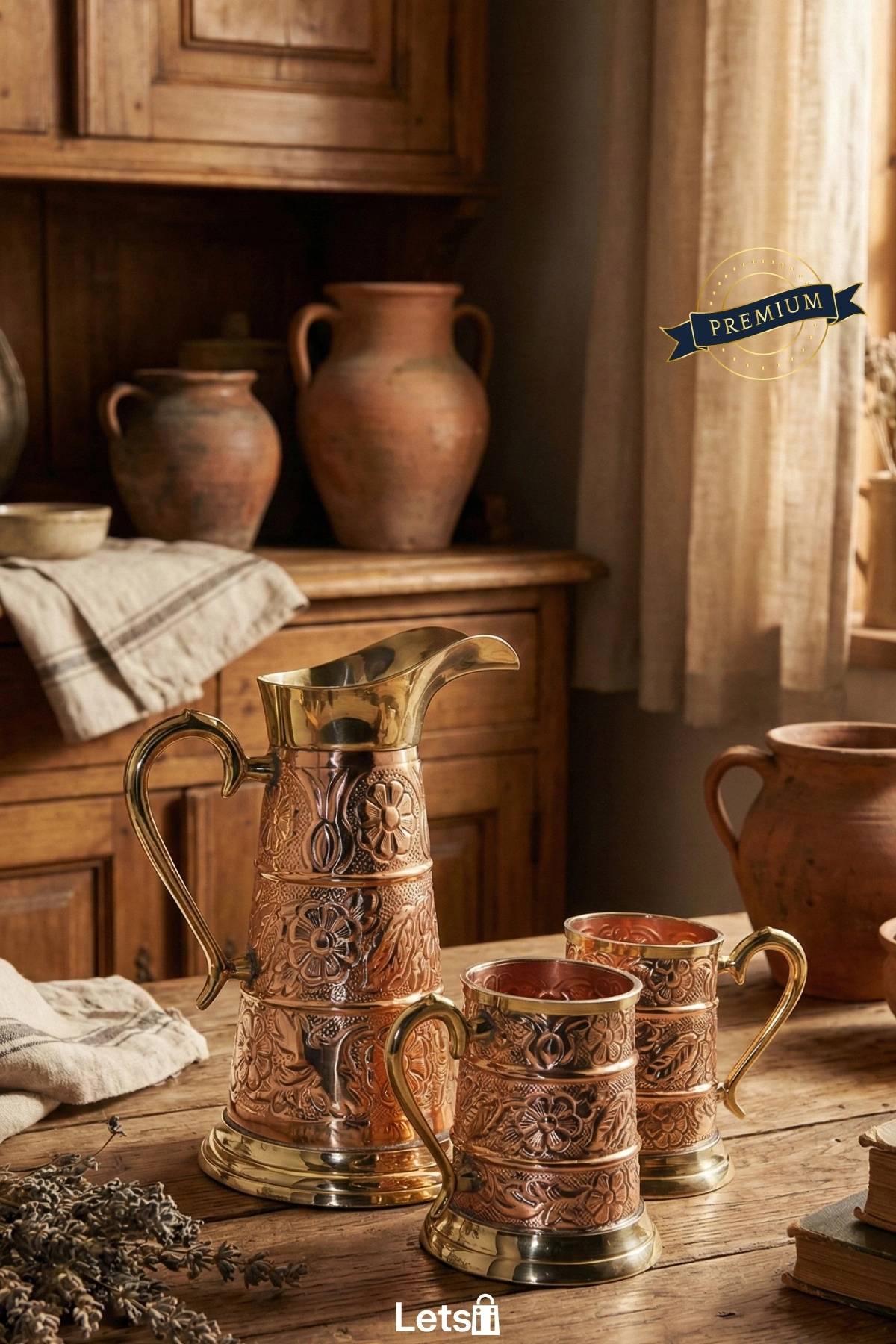 Şık Pirinç ve Bakır Tasarımlı 2 Bardaklı Sürahi