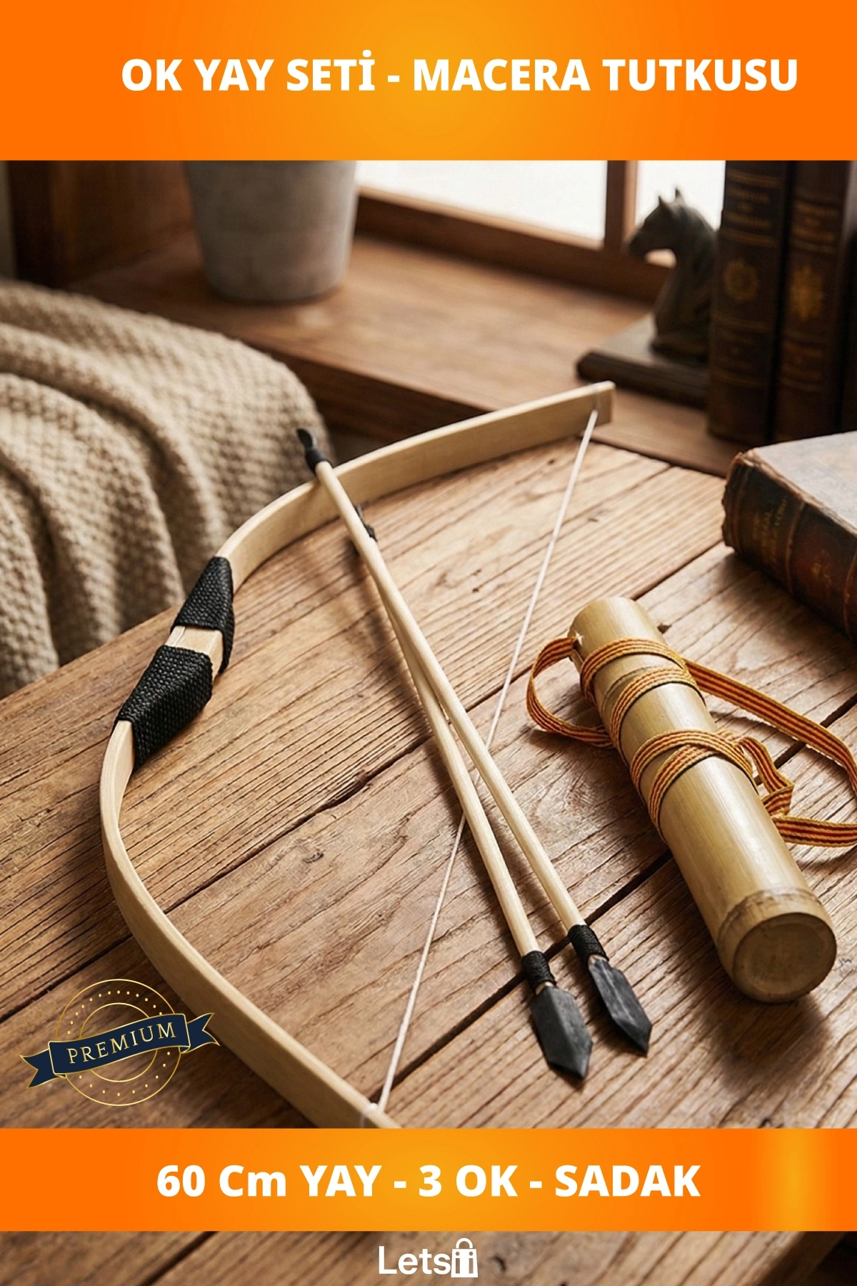 Ahşap Kaliteli Ok Yay Seti 3 Adet Ok ve Sadak ile Dekoratif Hediye