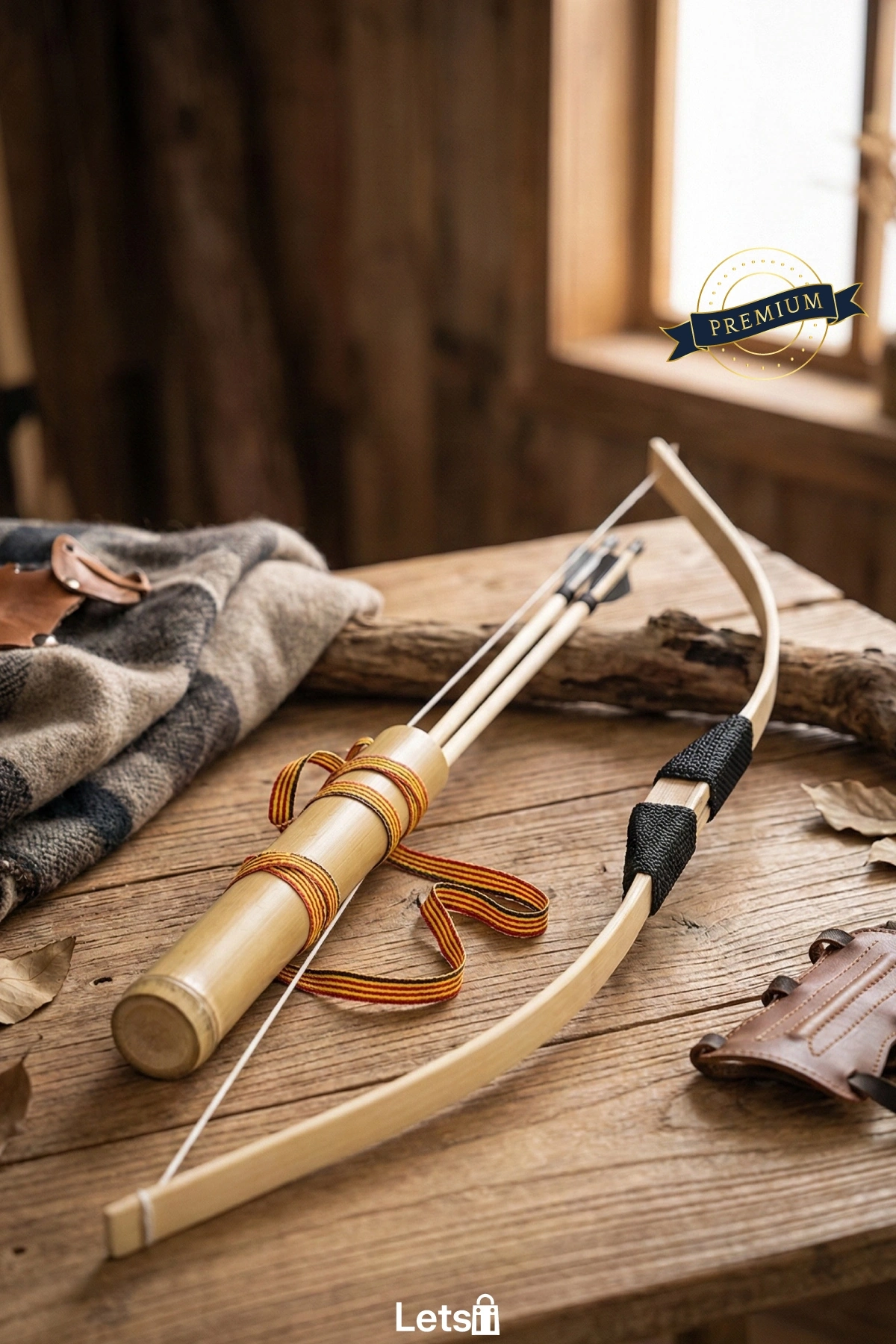 Ahşap Kaliteli Ok Yay Seti 3 Adet Ok ve Sadak ile Dekoratif Hediye