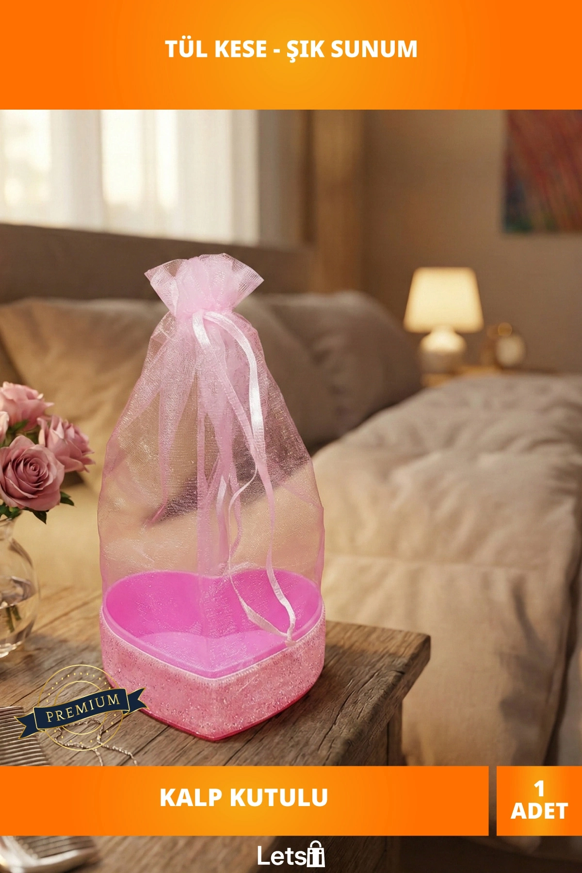 Pembe Kalpli Tül Kese ve Simli Kalp Kutusu