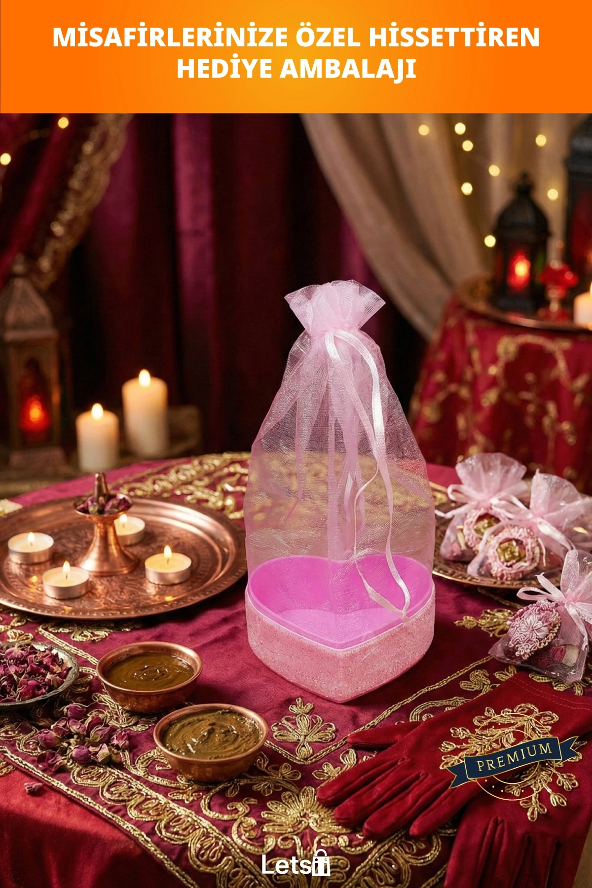 Pembe Kalpli Tül Kese ve Simli Kalp Kutusu