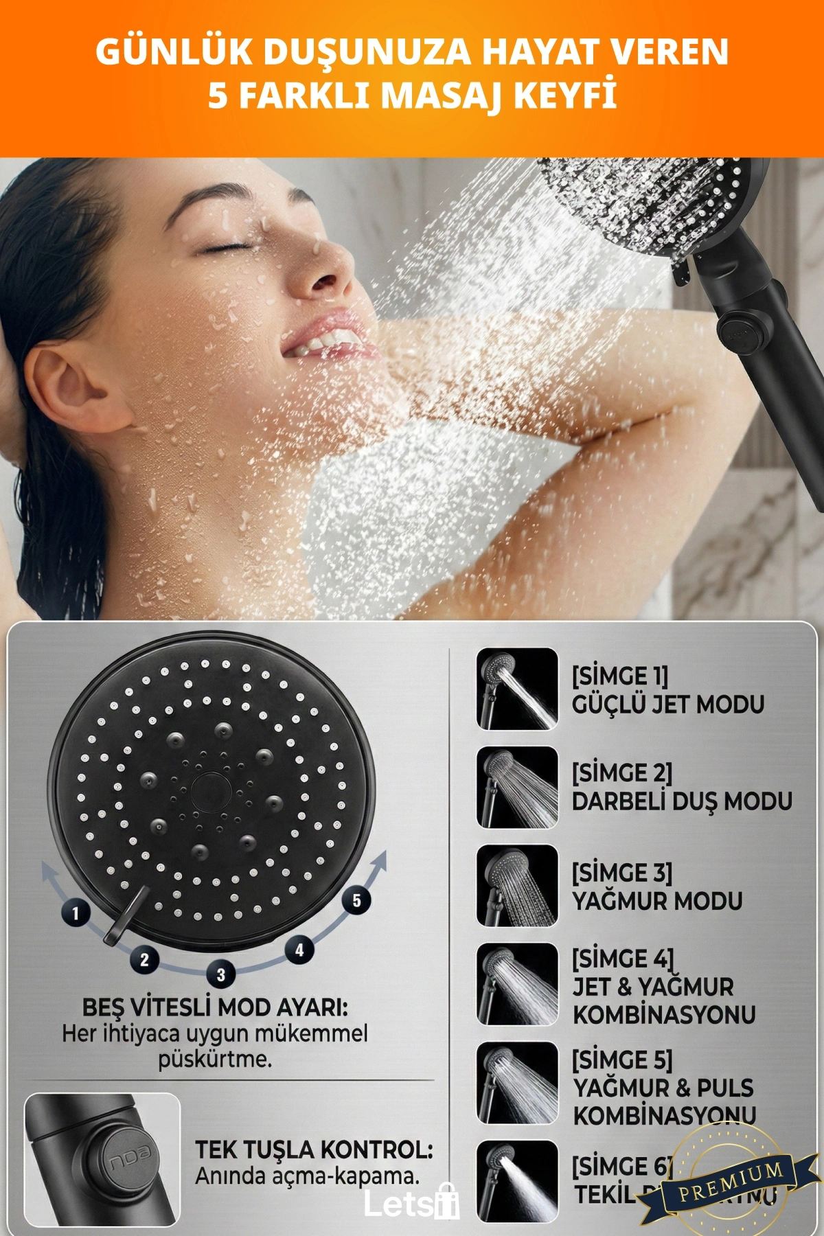 Su Tasarruflu Çok Fonksiyonlu 5 Modlu Duş Başlığı Paslanmaz Çelik Hortum