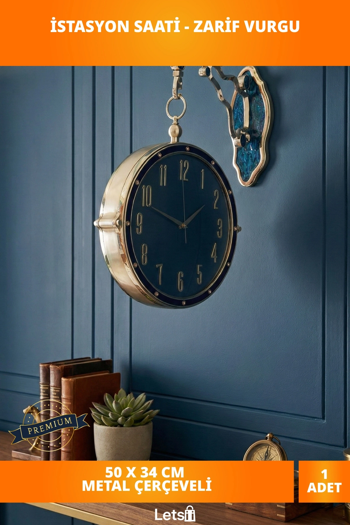 Metal Çerçeveli Modern Duvara Asmalı İstasyon Saati 50x34 cm